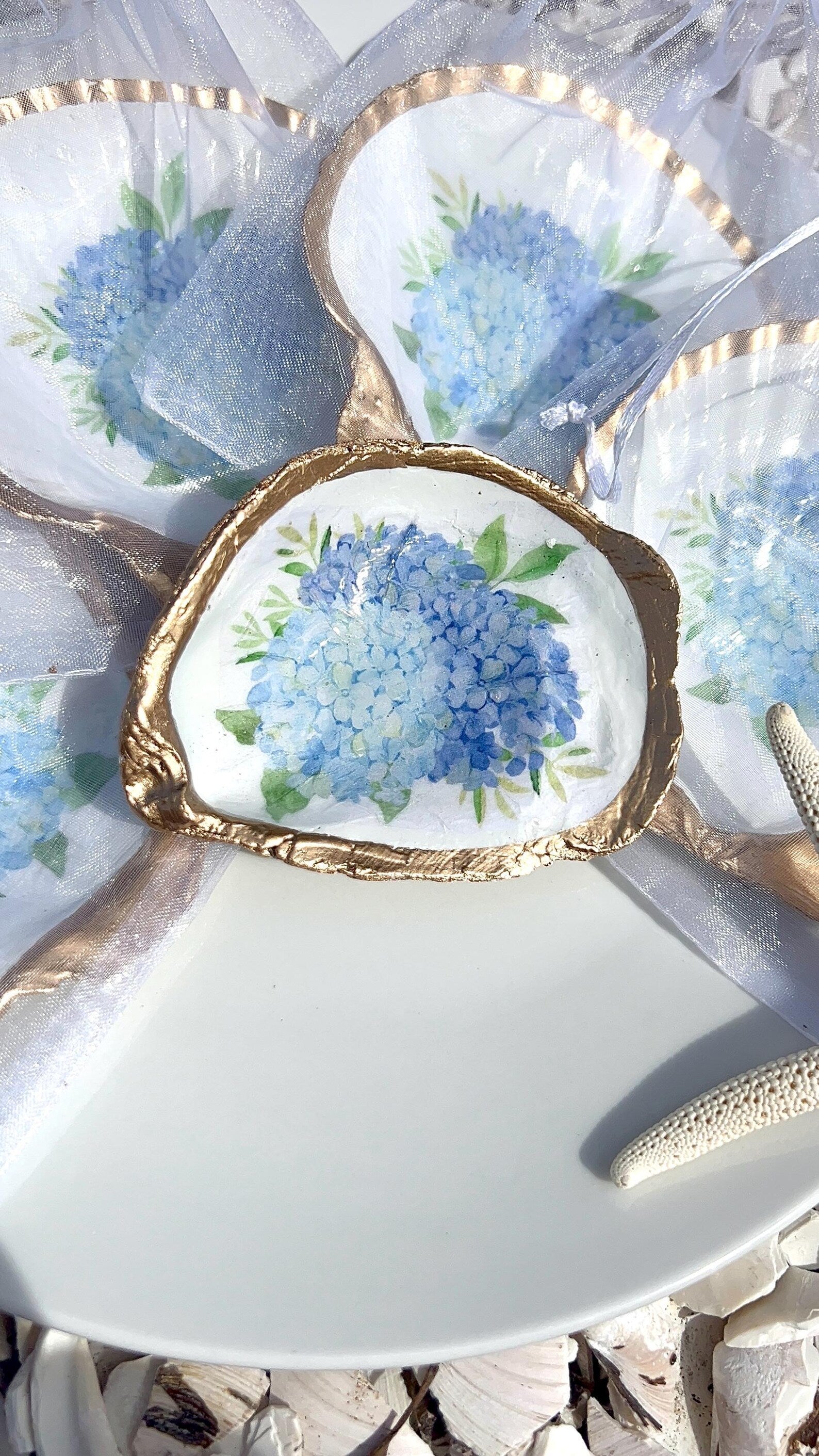 BLUE HYDRANGEA oyster ring dish beachy wedding party favor