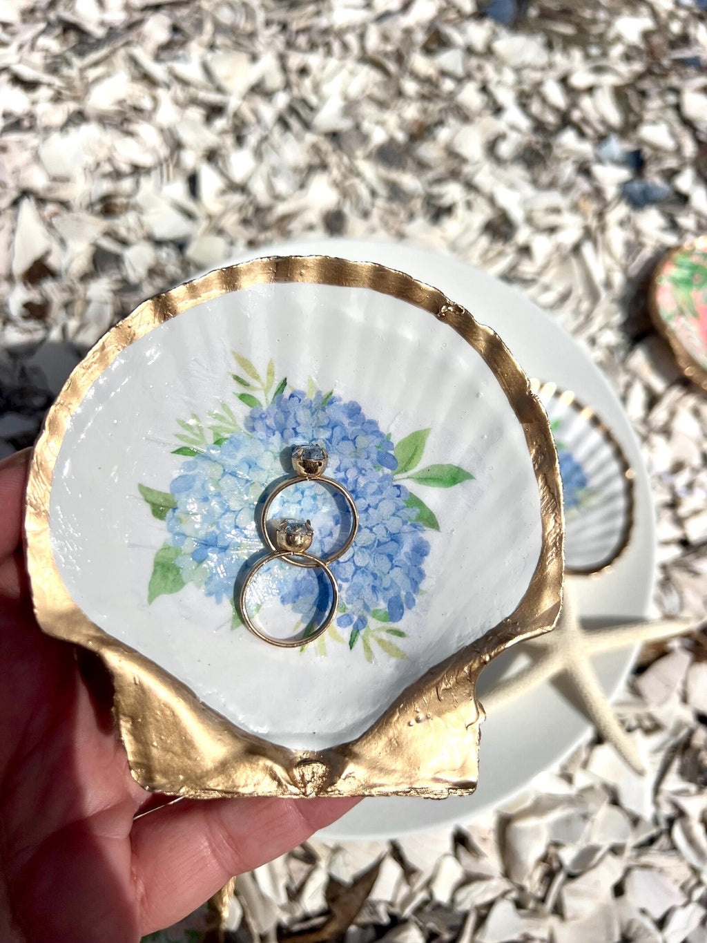 BLUE HYDRANGEA oyster ring dish beachy wedding party favor