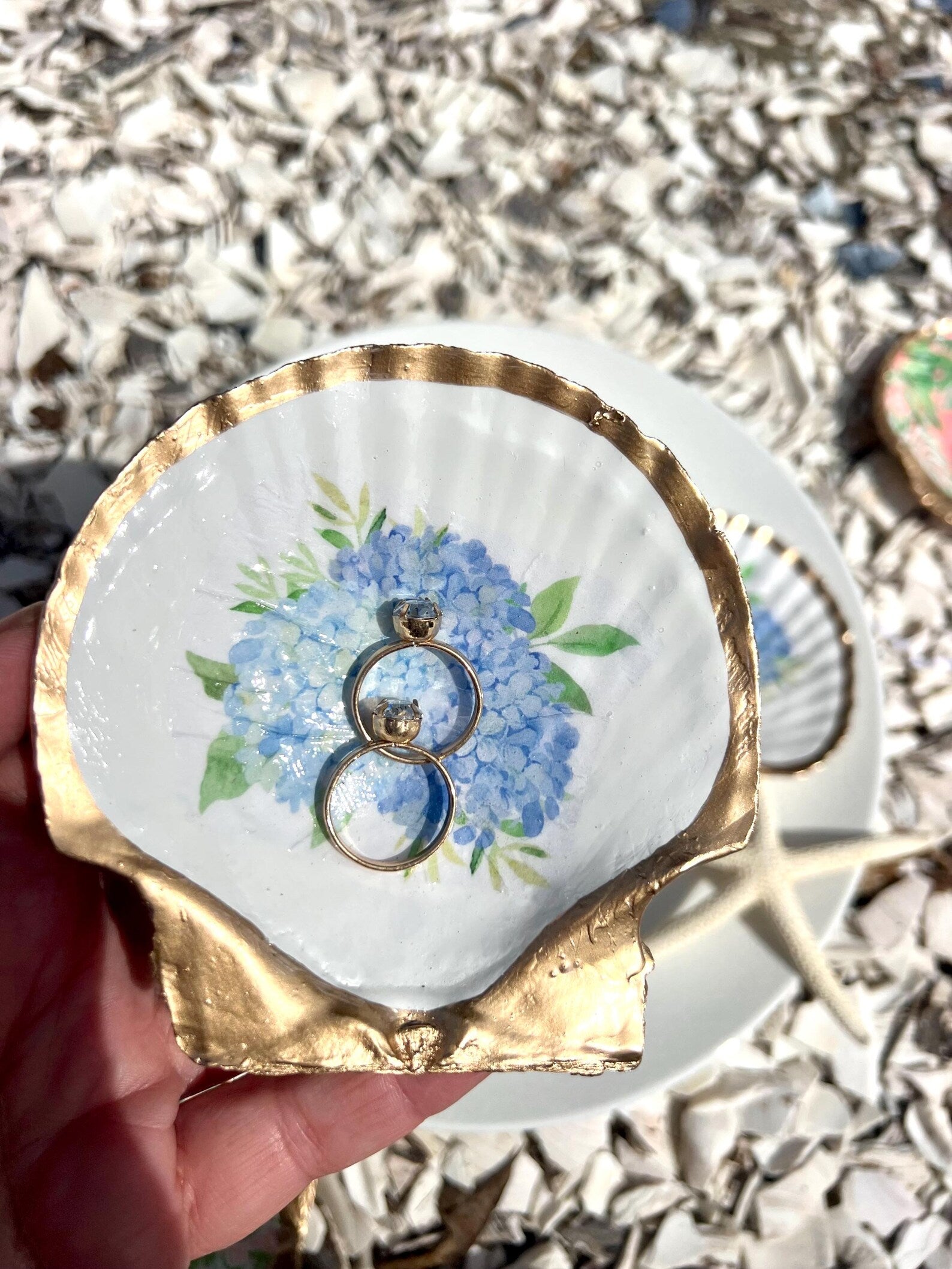 BLUE HYDRANGEA oyster ring dish beachy wedding party favor