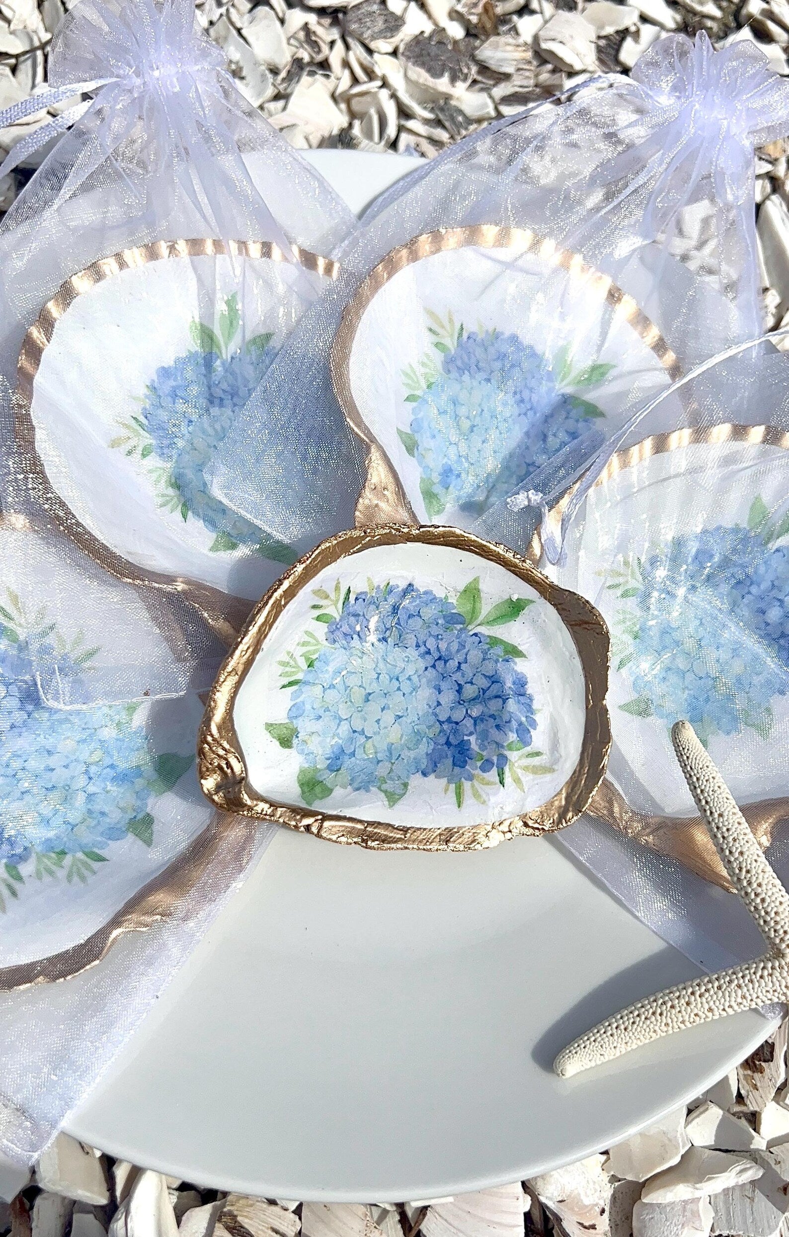 BLUE HYDRANGEA oyster ring dish beachy wedding party favor
