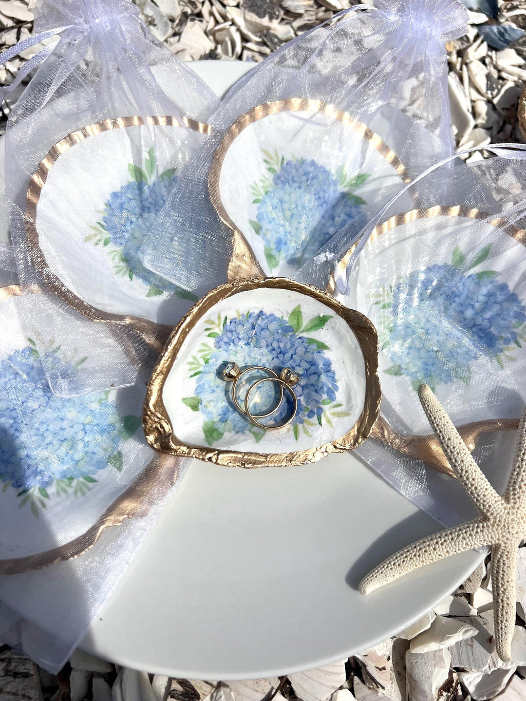 BLUE HYDRANGEA oyster ring dish beachy wedding party favor