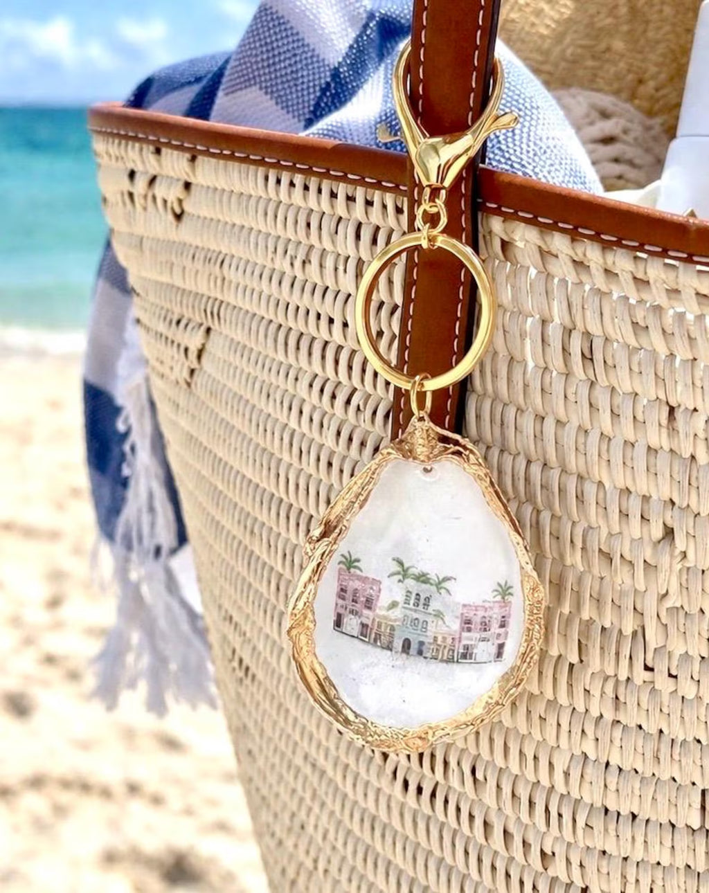 Charleston bachelorette favor bag charm Rainbow row Charleston shell keychain.