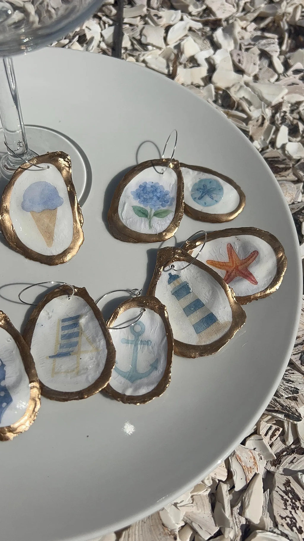 Oyster Shell Wine Charms – Coastal Wedding New England Summer Icon, Anchor, Lighthouse, Hydrangea