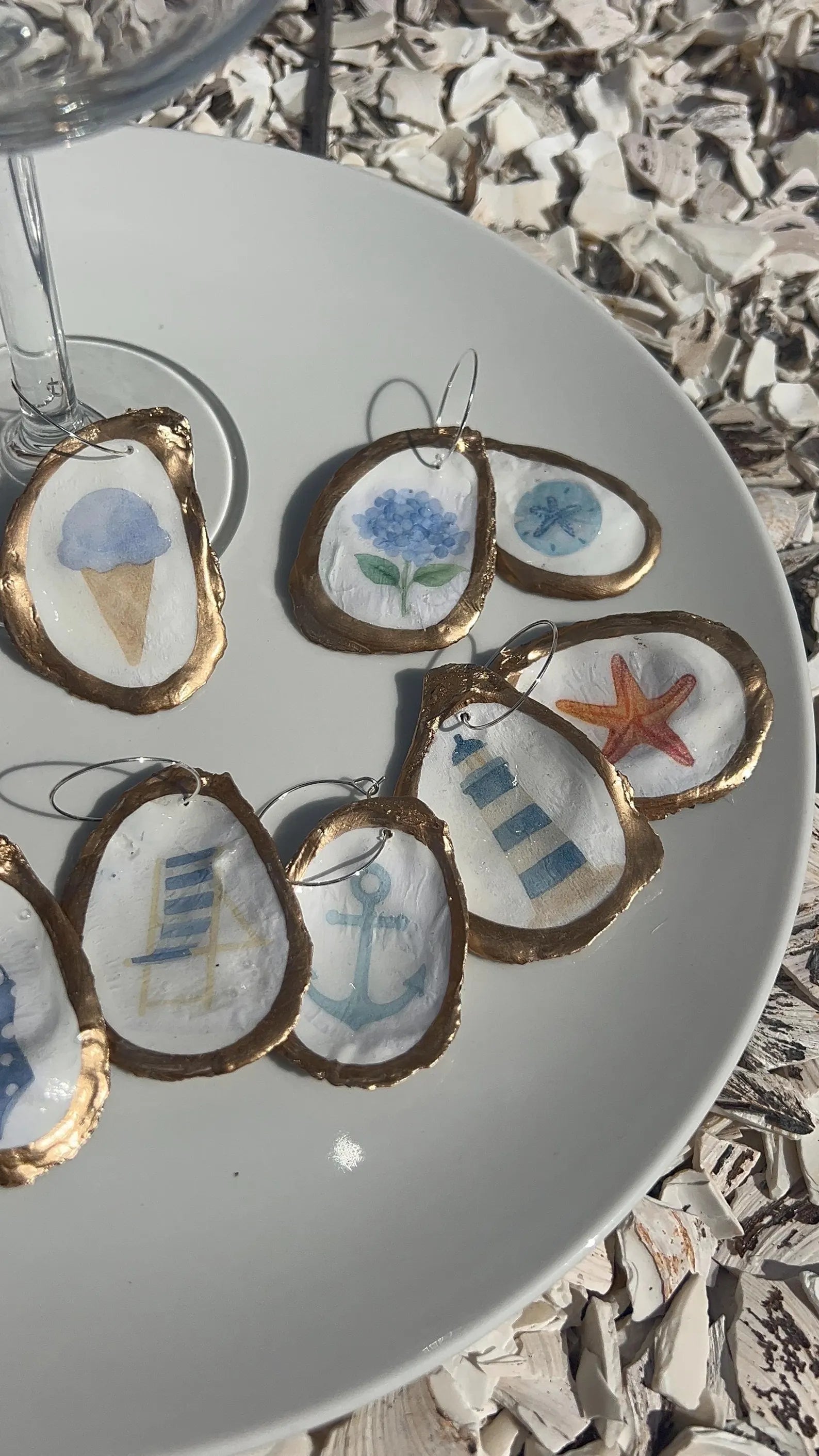 Oyster Shell Wine Charms – Coastal Wedding New England Summer Icon, Anchor, Lighthouse, Hydrangea
