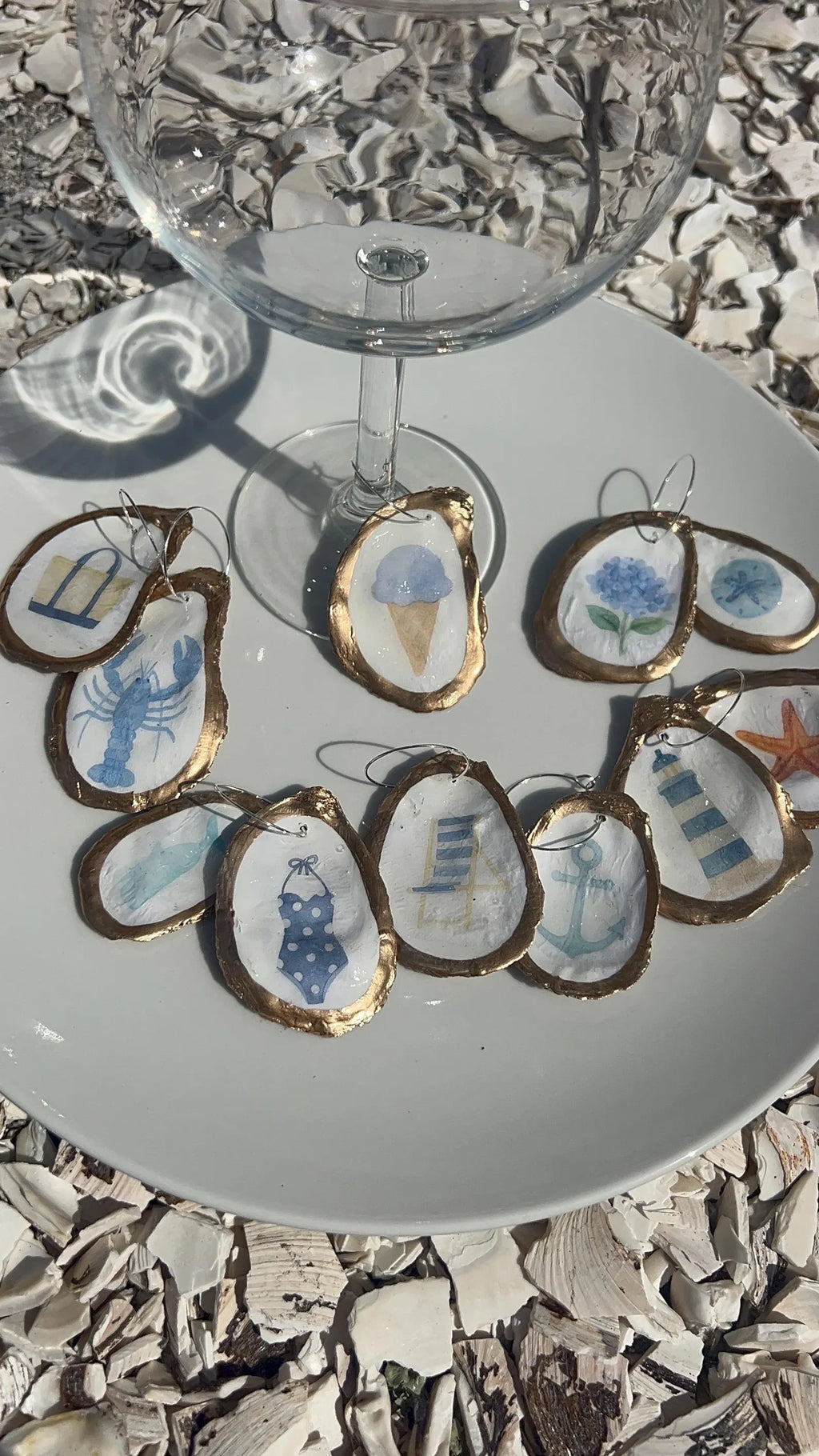 Oyster Shell Wine Charms – Coastal Wedding New England Summer Icon, Anchor, Lighthouse, Hydrangea