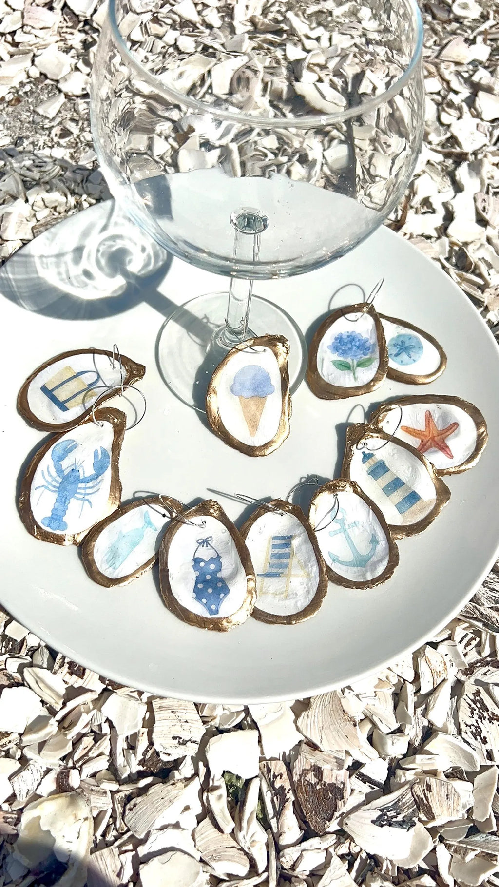 Oyster Shell Wine Charms – Coastal Wedding New England Summer Icon, Anchor, Lighthouse, Hydrangea