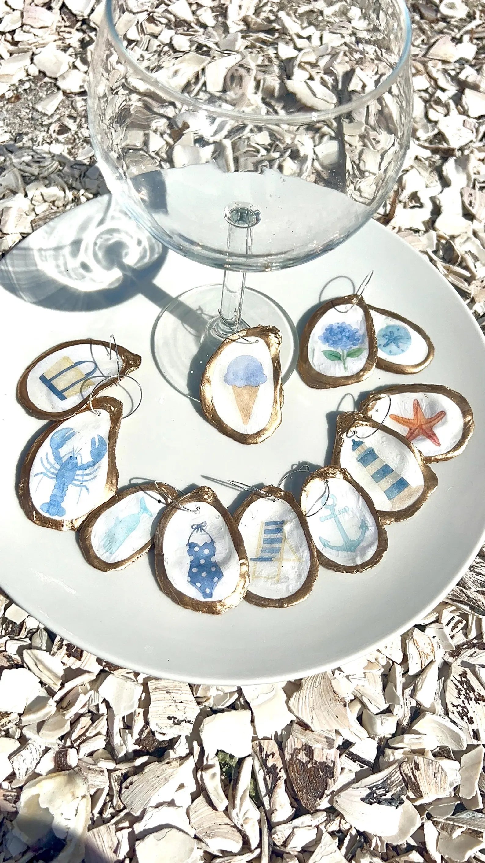 Oyster Shell Wine Charms – Coastal Wedding New England Summer Icon, Anchor, Lighthouse, Hydrangea