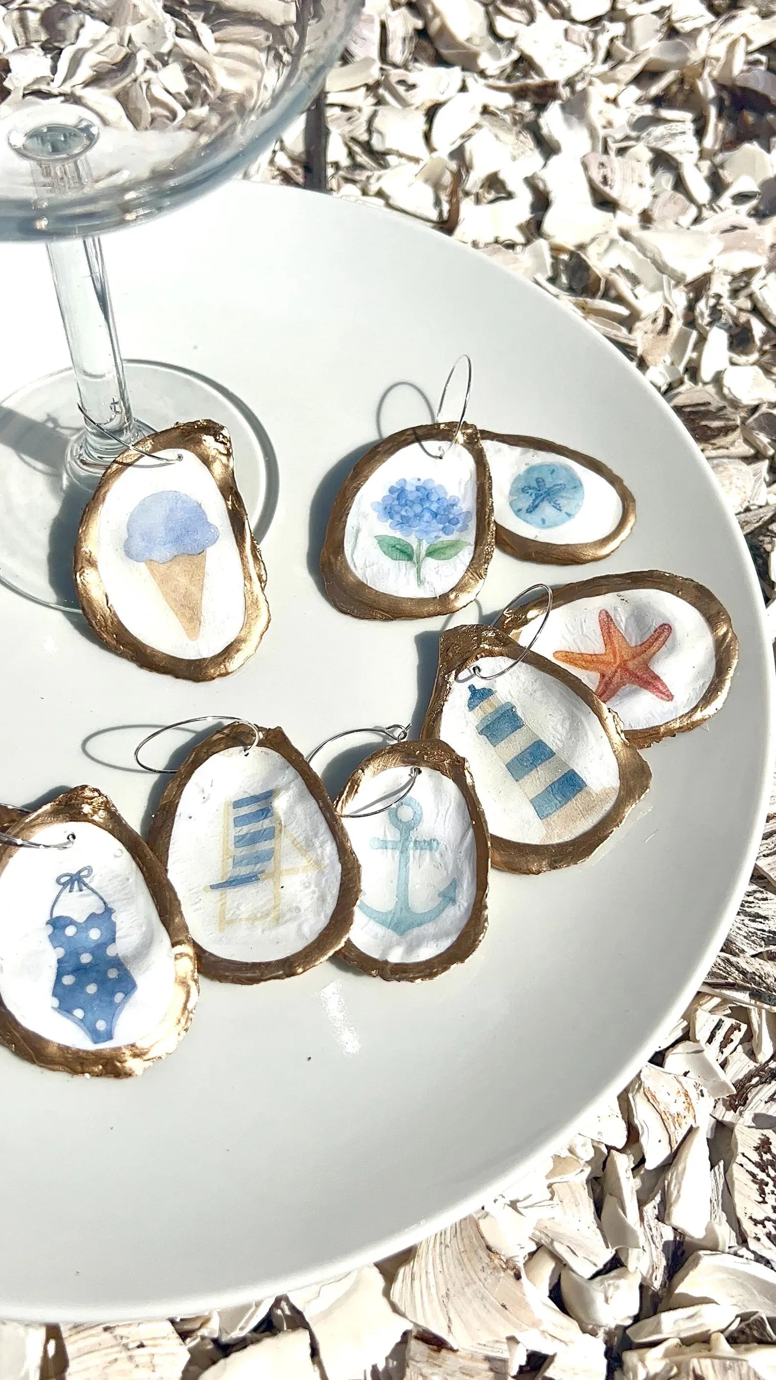 Oyster Shell Wine Charms – Coastal Wedding New England Summer Icon, Anchor, Lighthouse, Hydrangea