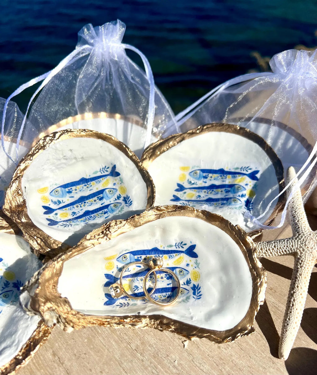Mediterranean Oyster Shell Sardine Dish Coastal Party Favor Amalfi Coast Blue & White Trinket Dish