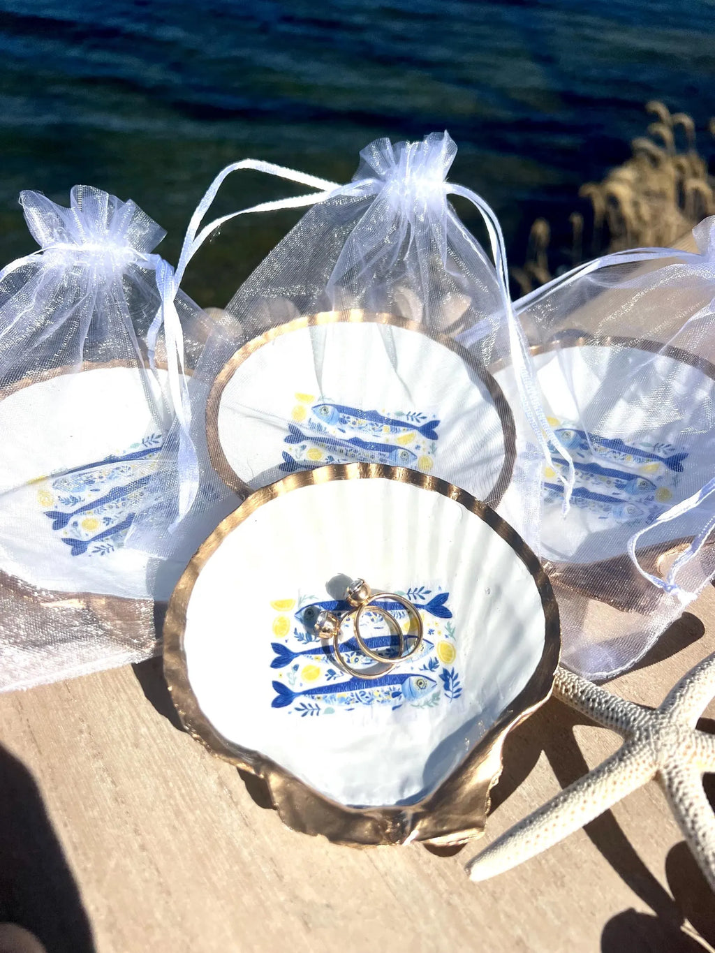 Mediterranean Oyster Shell Sardine Dish Coastal Party Favor Amalfi Coast Blue & White Trinket Dish