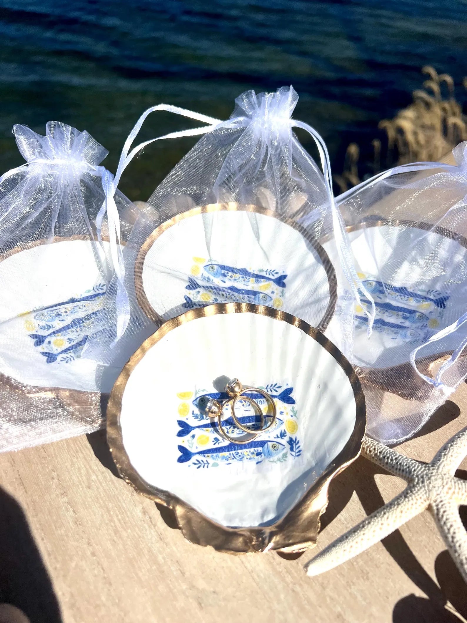 Mediterranean Oyster Shell Sardine Dish Coastal Party Favor Amalfi Coast Blue & White Trinket Dish