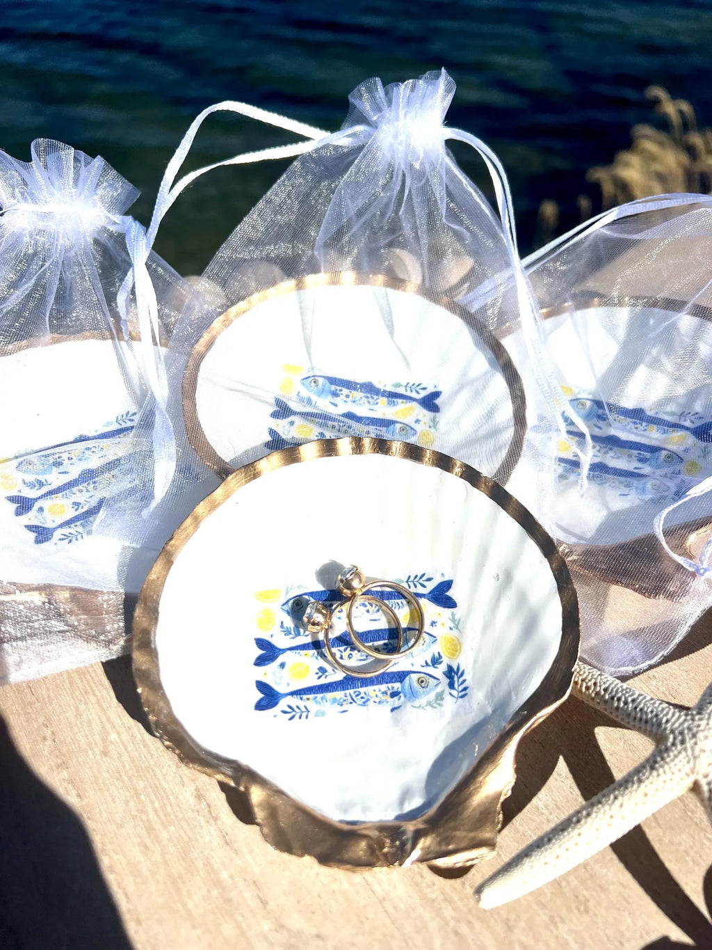 Mediterranean Oyster Shell Sardine Dish Coastal Party Favor Amalfi Coast Blue & White Trinket Dish