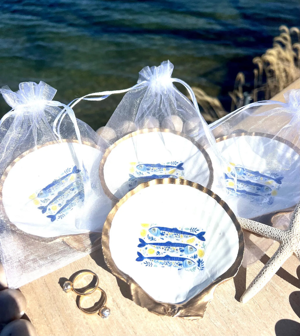 Mediterranean Oyster Shell Sardine Dish Coastal Party Favor Amalfi Coast Blue & White Trinket Dish