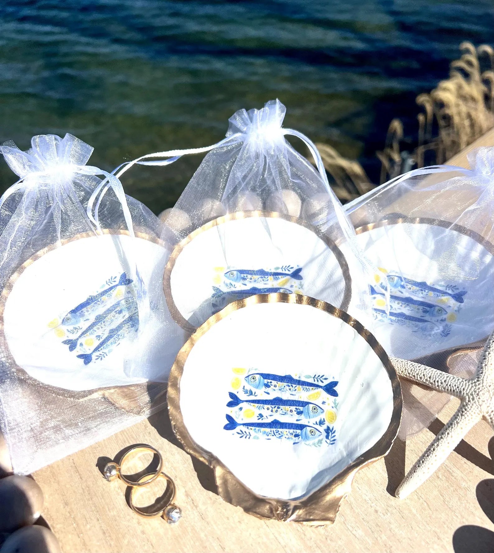 Mediterranean Oyster Shell Sardine Dish Coastal Party Favor Amalfi Coast Blue & White Trinket Dish