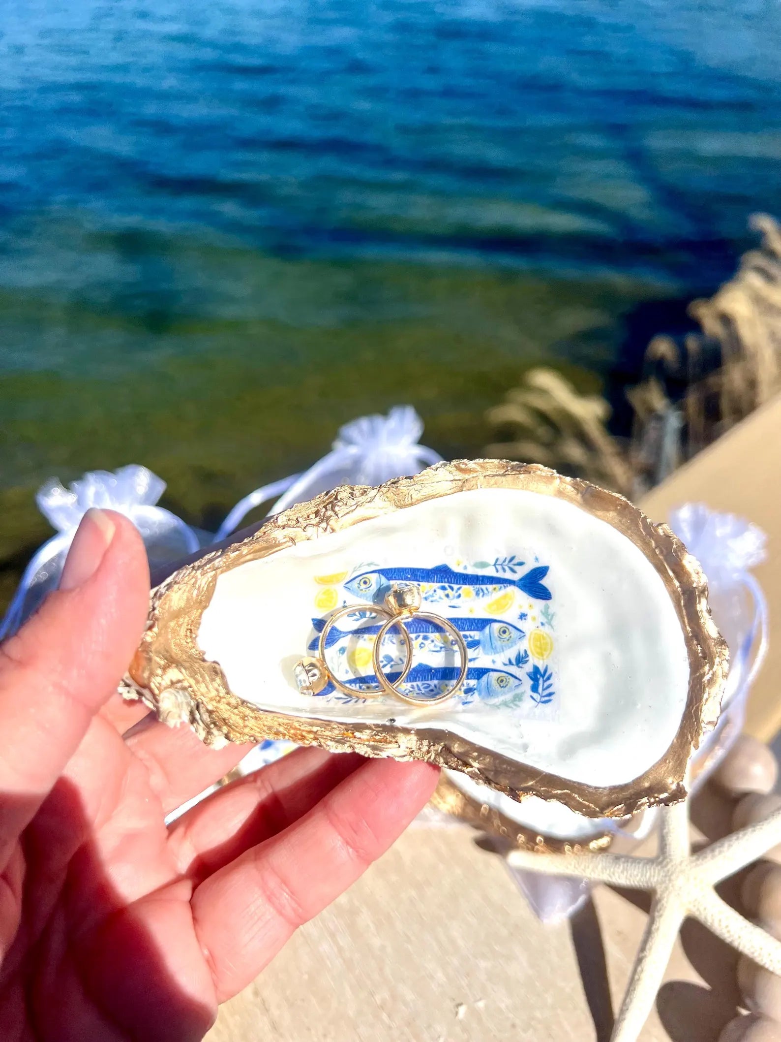 Mediterranean Oyster Shell Sardine Dish Coastal Party Favor Amalfi Coast Blue & White Trinket Dish