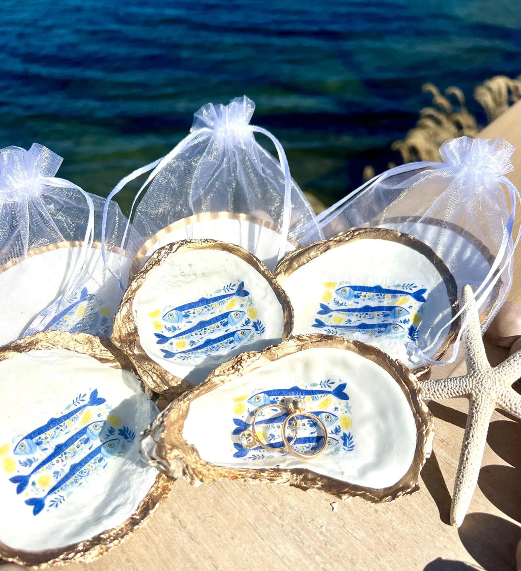 Mediterranean Oyster Shell Sardine Dish Coastal Party Favor Amalfi Coast Blue & White Trinket Dish