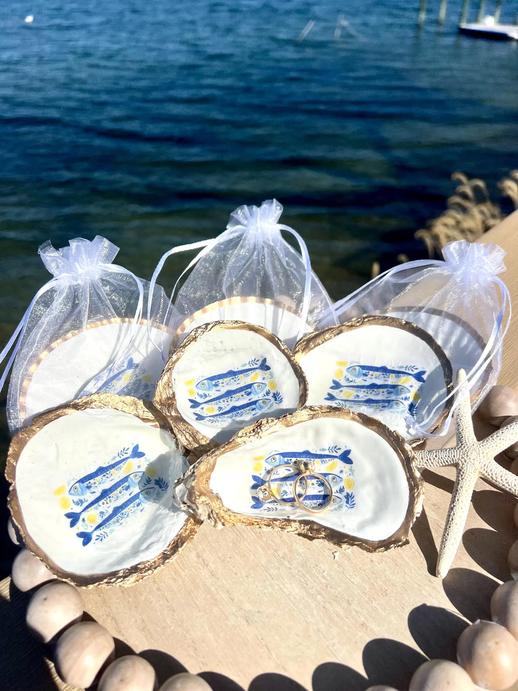 Mediterranean Oyster Shell Sardine Dish Coastal Party Favor Amalfi Coast Blue & White Trinket Dish