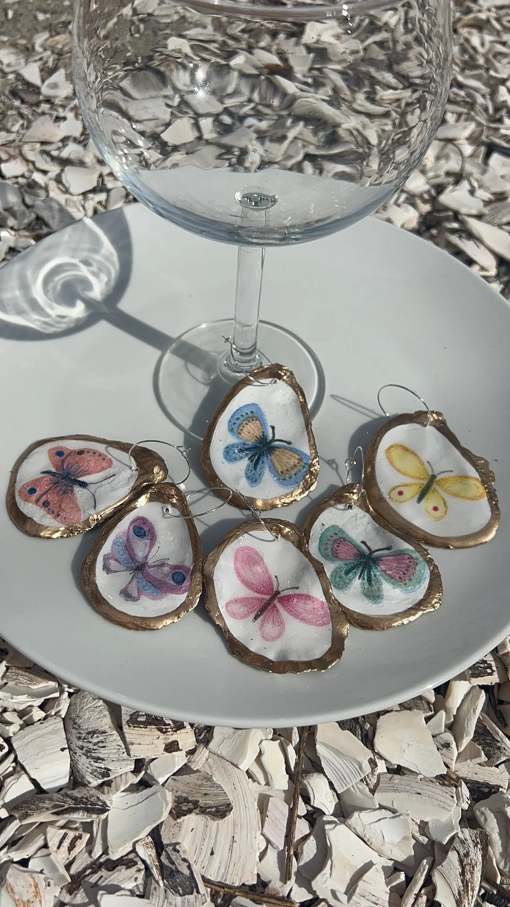 Pastel Butterfly Oyster Shell Wine Charms - Spring Garden Wedding Decor
