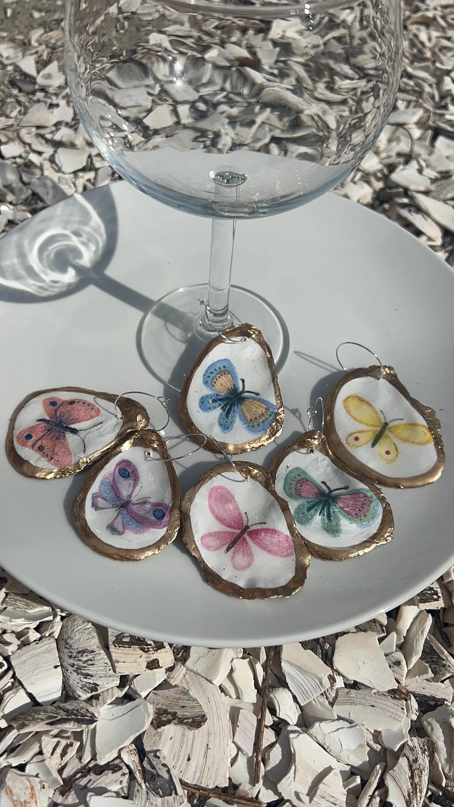 Pastel Butterfly Oyster Shell Wine Charms - Spring Garden Wedding Decor