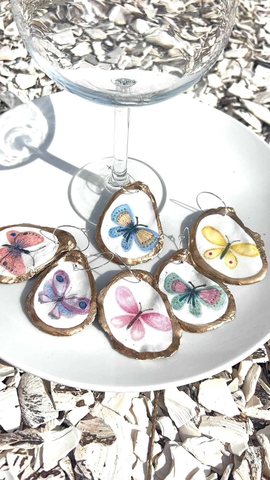 Pastel Butterfly Oyster Shell Wine Charms - Spring Garden Wedding Decor