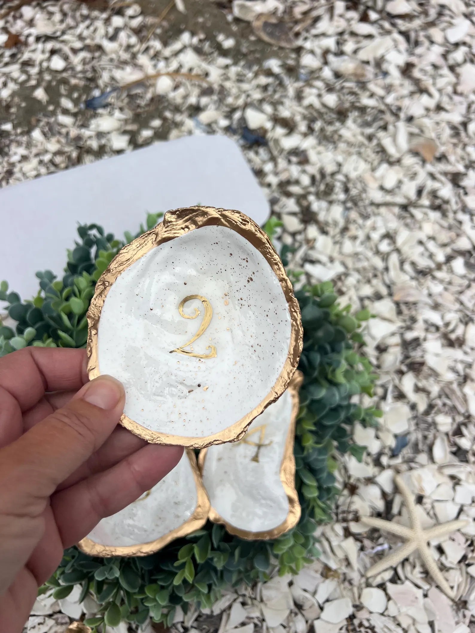 Hand Painted Oyster Shell Table Number Coastal Wedding Decor