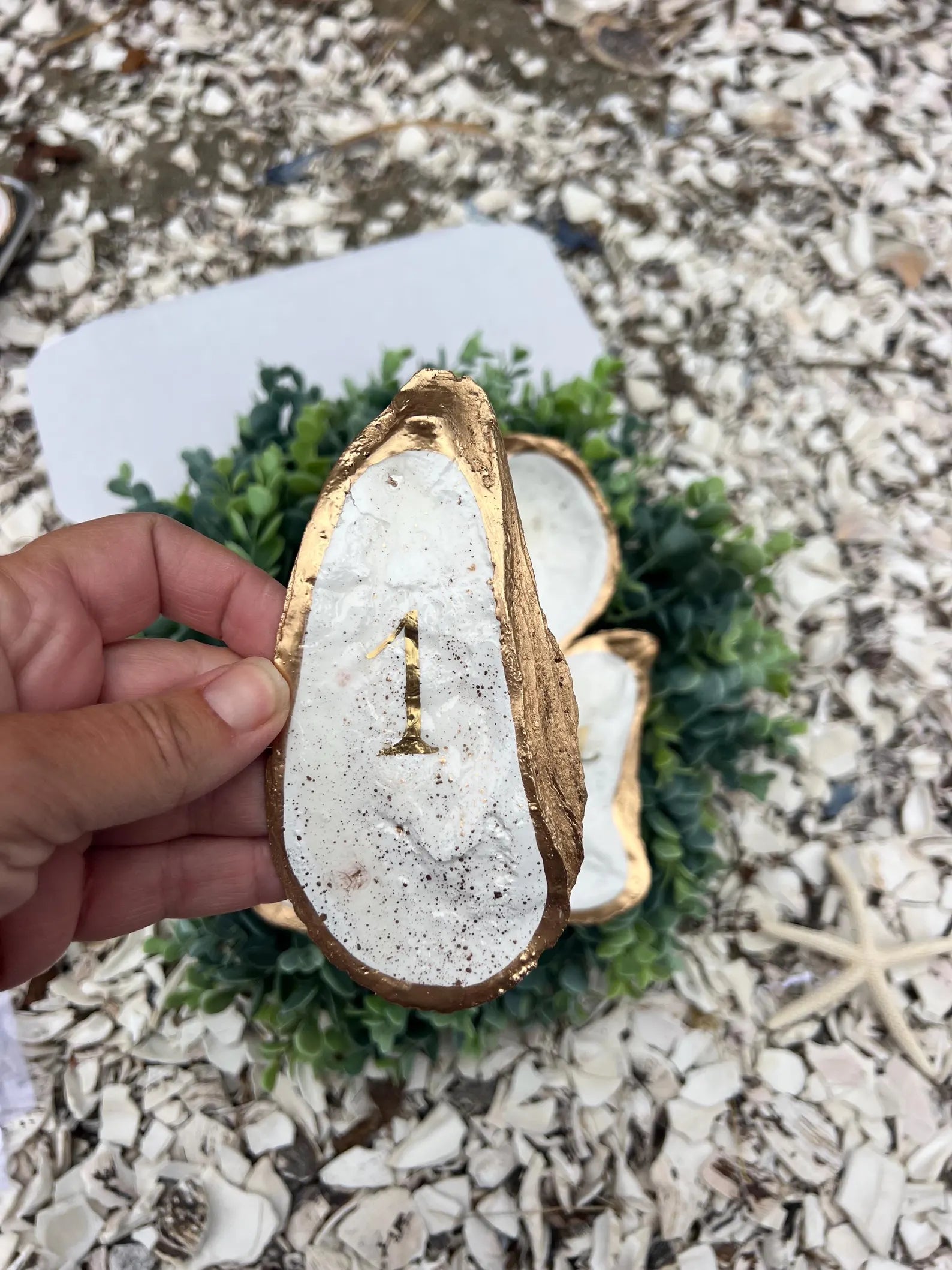 Hand Painted Oyster Shell Table Number Coastal Wedding Decor