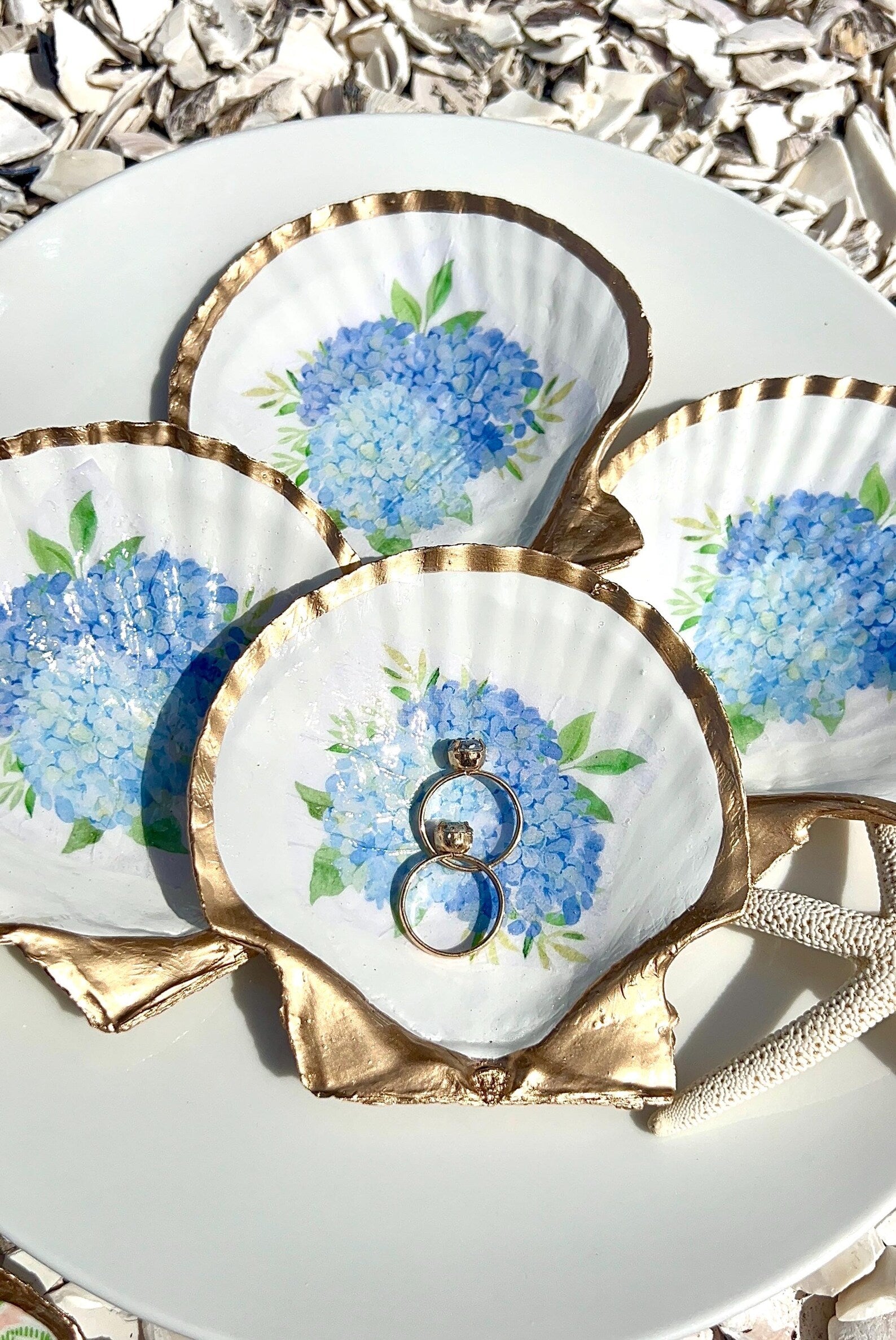 BLUE HYDRANGEA oyster ring dish beachy wedding party favor
