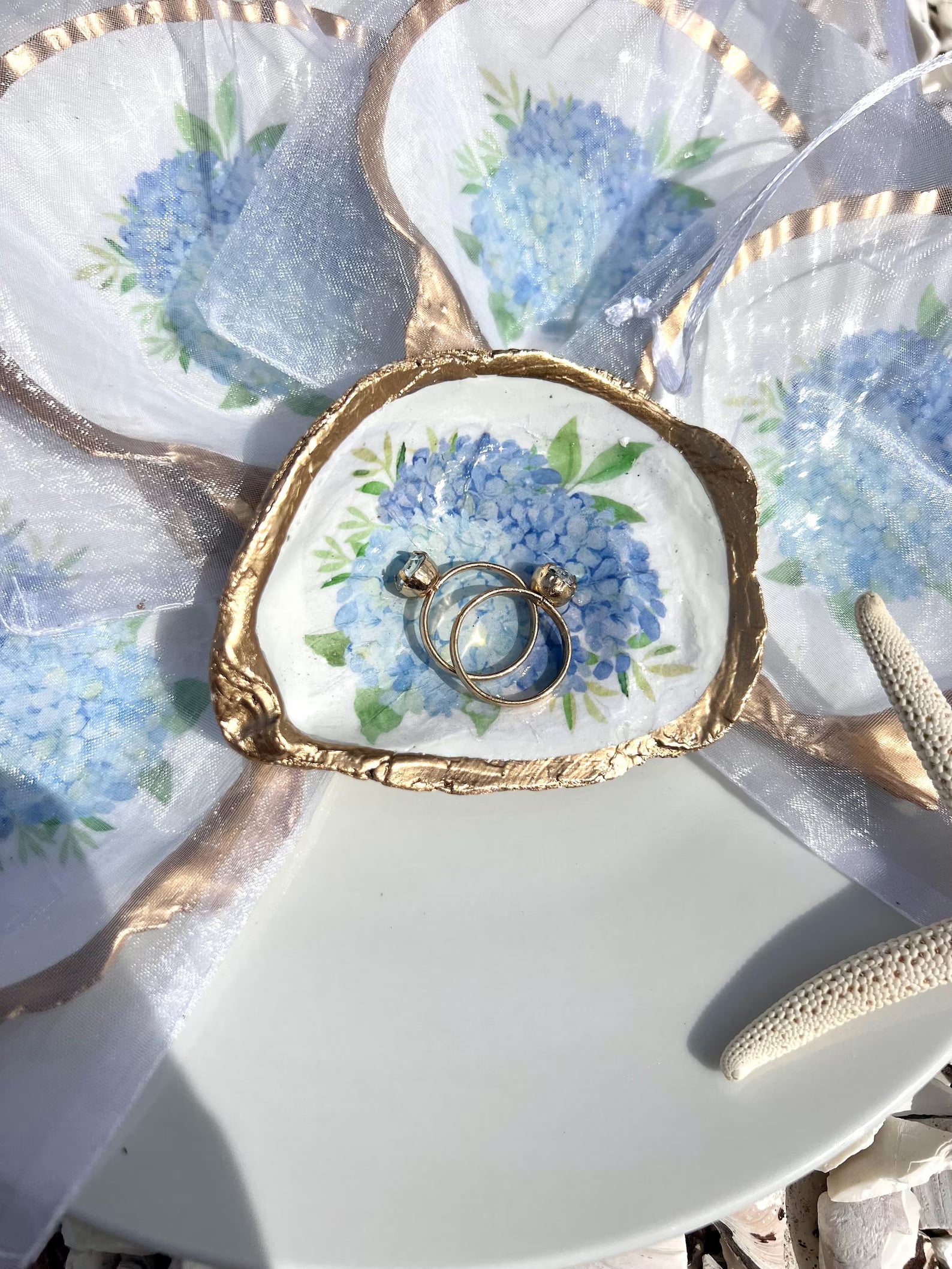 BLUE HYDRANGEA oyster ring dish beachy wedding party favor
