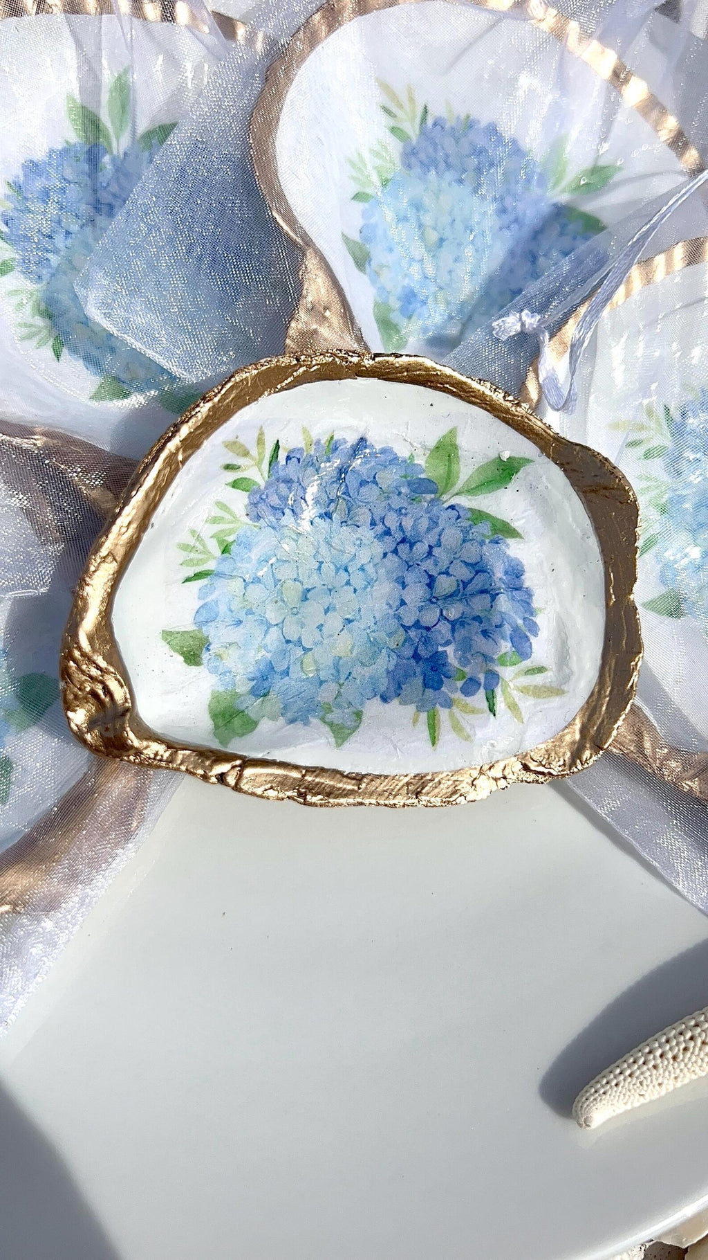 BLUE HYDRANGEA oyster ring dish beachy wedding party favor