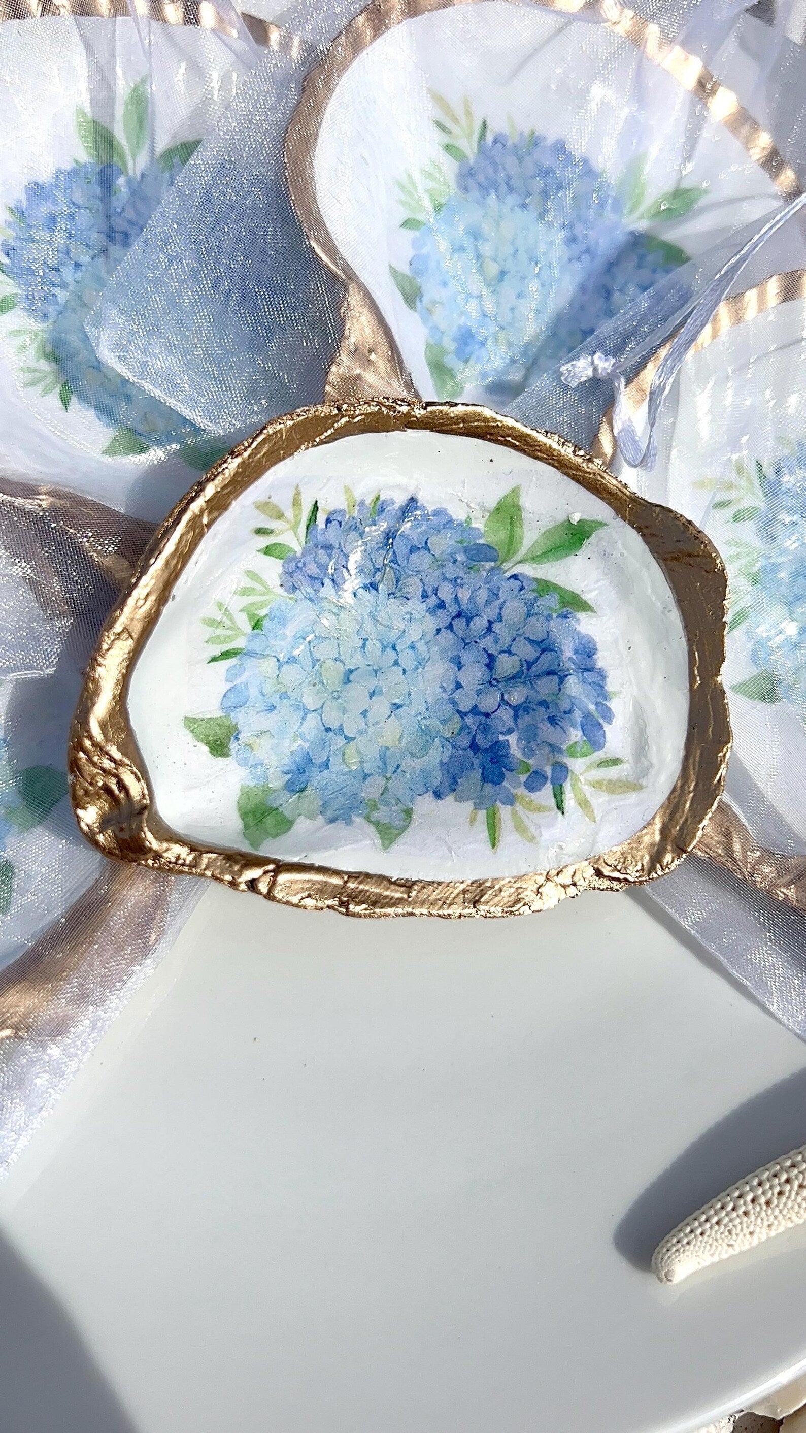 BLUE HYDRANGEA oyster ring dish beachy wedding party favor