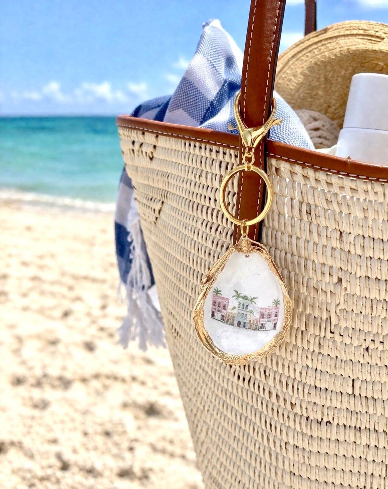 Charleston bachelorette favor bag charm Rainbow row Charleston shell keychain.
