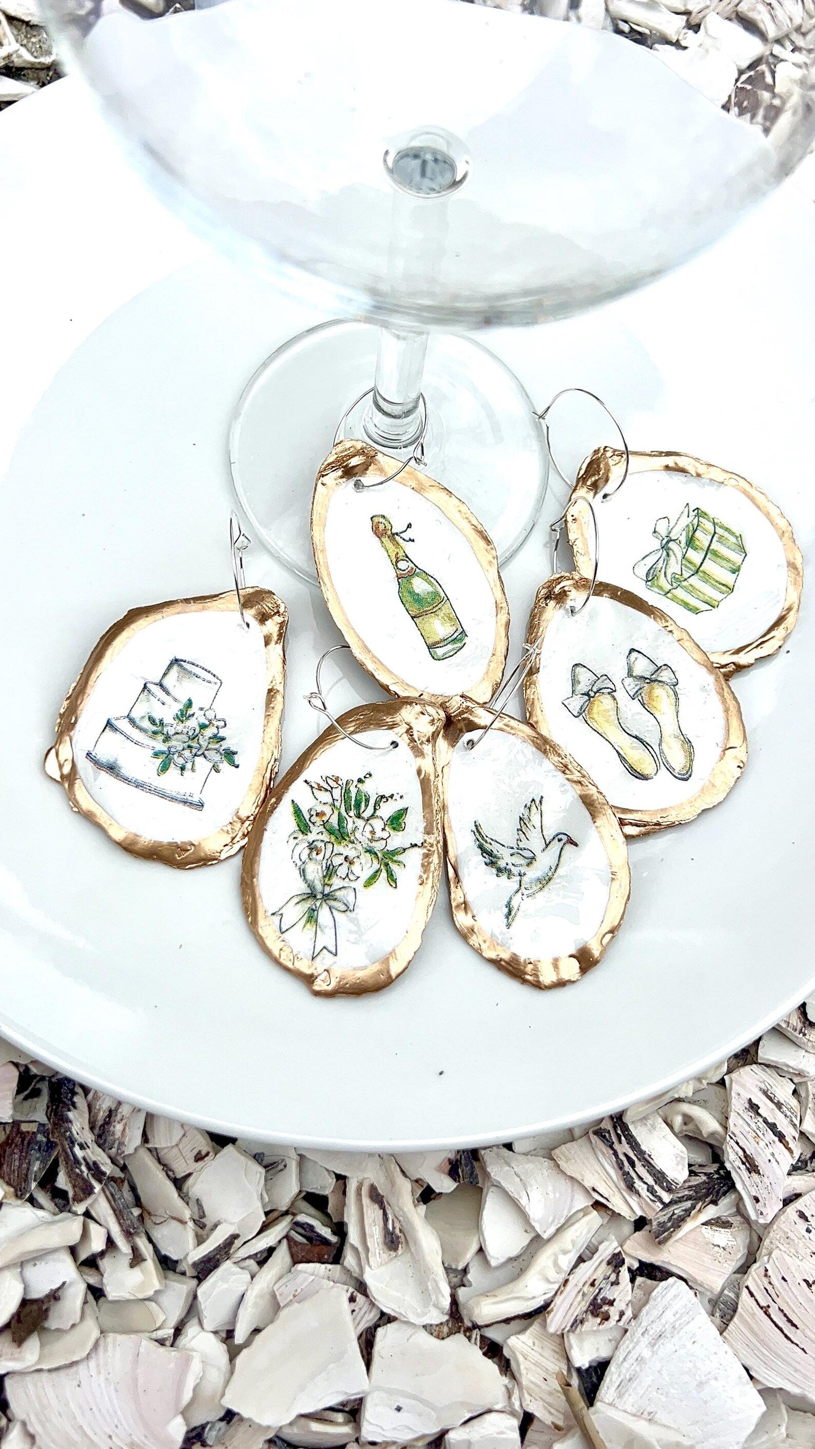 Pearl & Prosecco Oyster Shell Wine Charm Set Bridal Shower Gift