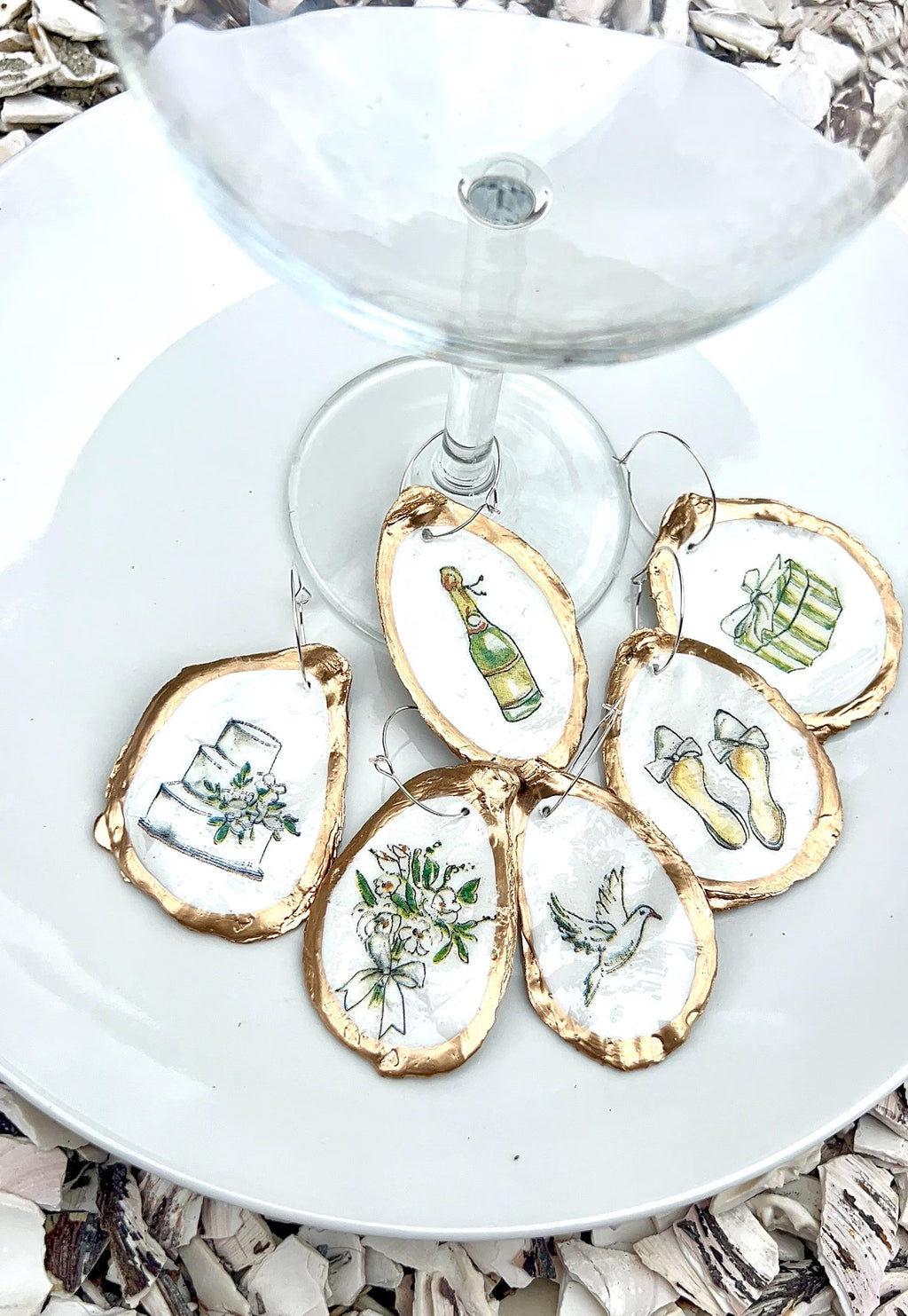 Pearl & Prosecco Oyster Shell Wine Charm Set Bridal Shower Gift