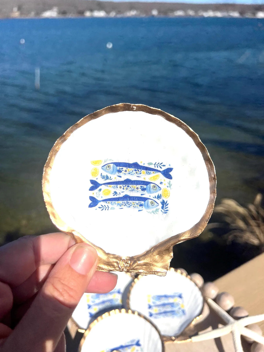 Mediterranean Oyster Shell Sardine Dish Coastal Party Favor Amalfi Coast Blue & White Trinket Dish