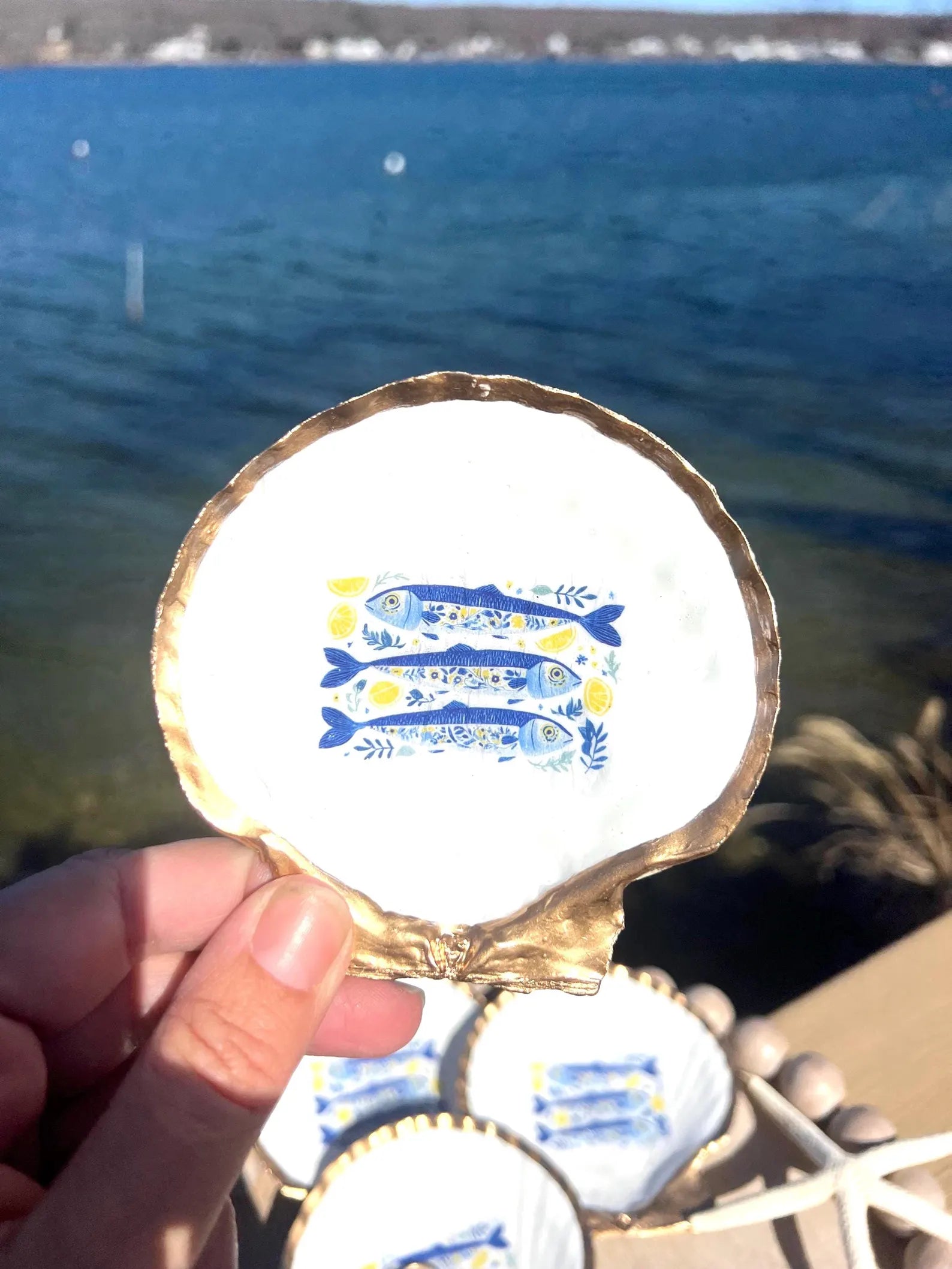 Mediterranean Oyster Shell Sardine Dish Coastal Party Favor Amalfi Coast Blue & White Trinket Dish
