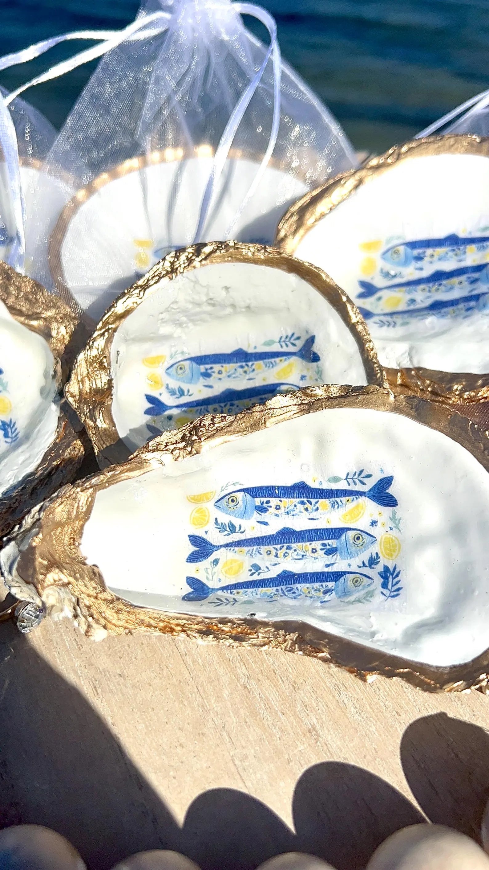 Mediterranean Oyster Shell Sardine Dish Coastal Party Favor Amalfi Coast Blue & White Trinket Dish