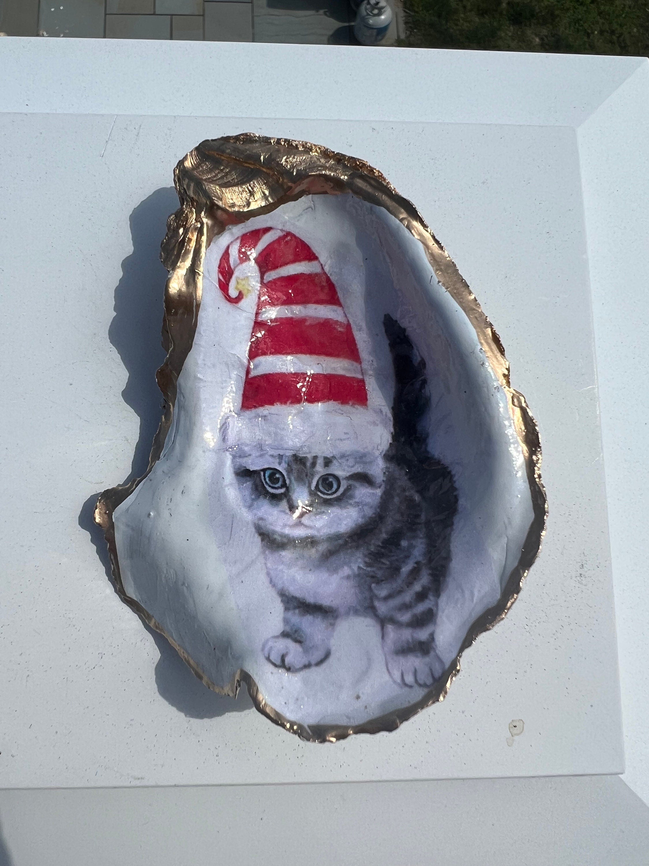 Cat Person Cat party idea. Cat Oyster Shell Christmas Ornament for Cat person or cat lover. Decoupaged Oyster ornament & cat party present