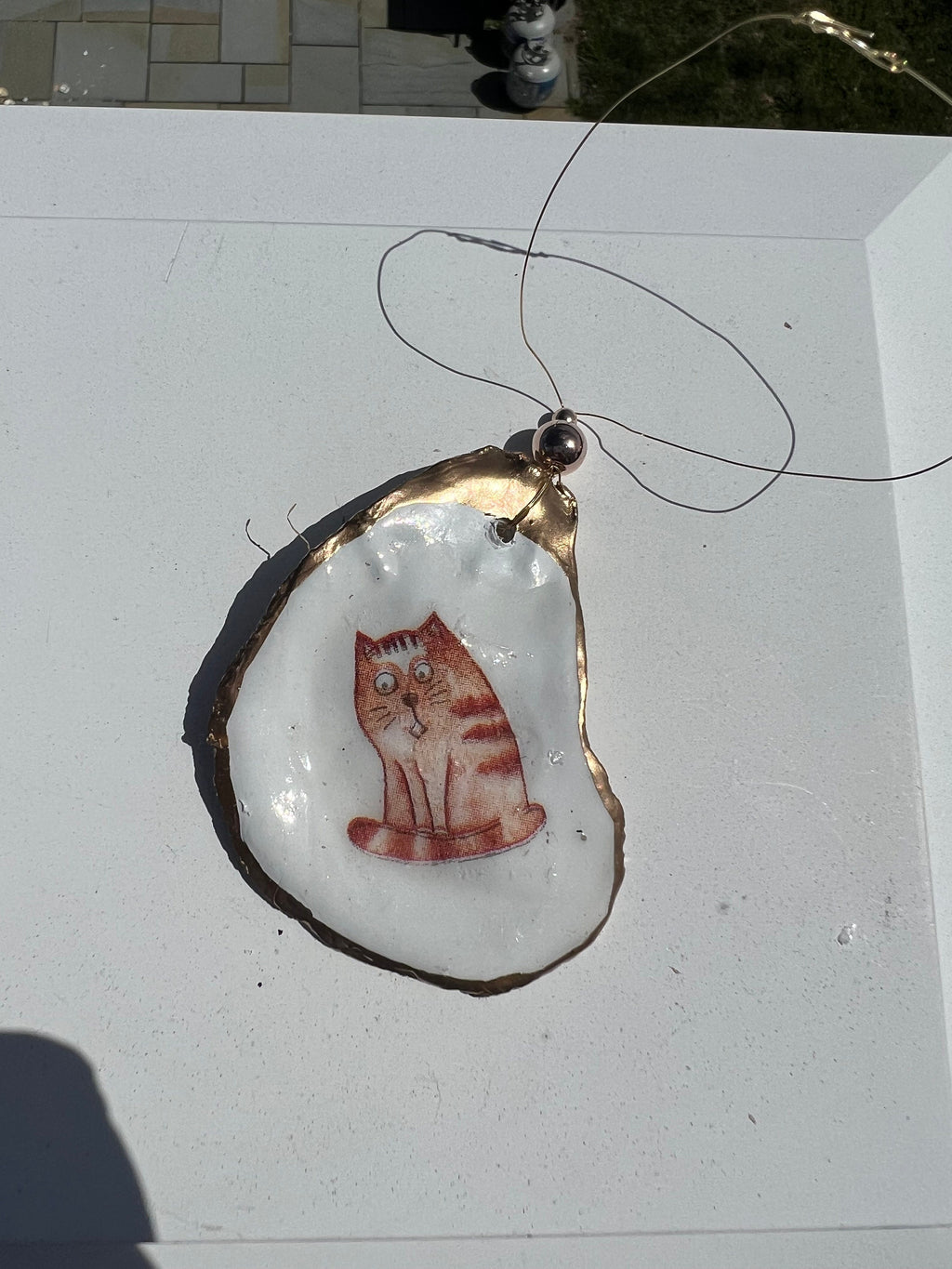 Cat Person Cat party idea. Cat Oyster Shell Christmas Ornament for Cat person or cat lover. Decoupaged Oyster ornament & cat party present