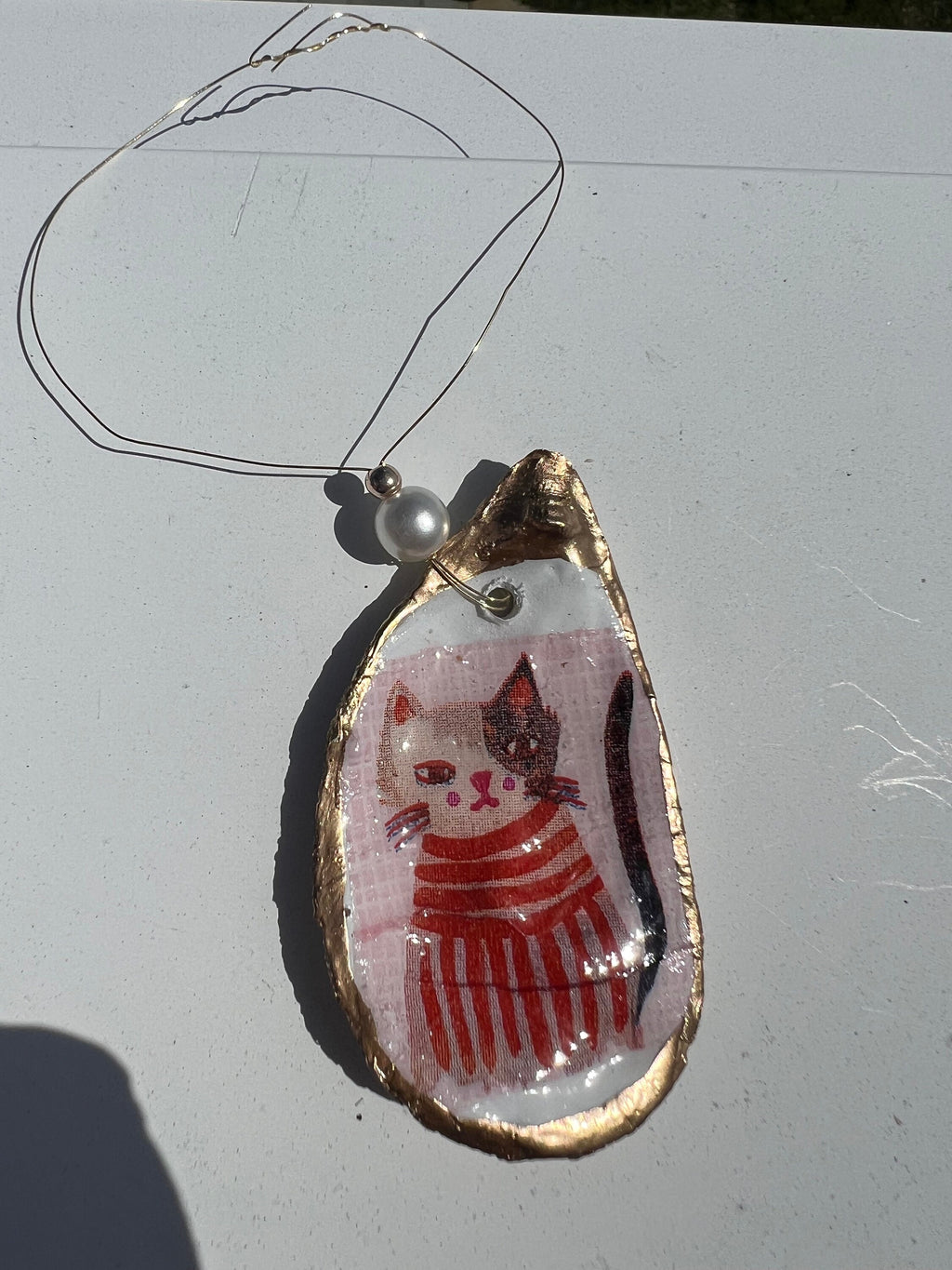 Cat Person Cat party idea. Cat Oyster Shell Christmas Ornament for Cat person or cat lover. Decoupaged Oyster ornament & cat party present