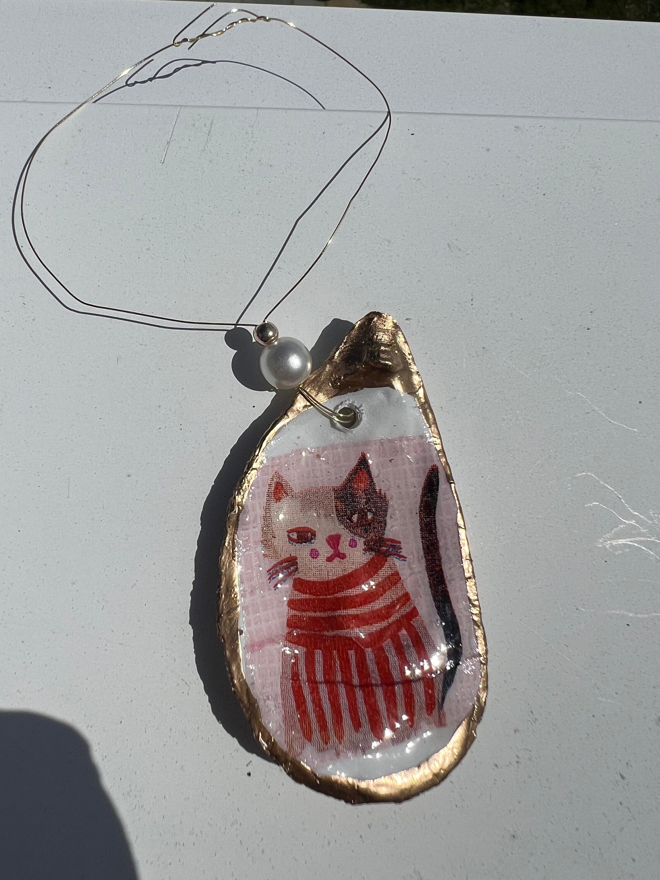 Cat Person Cat party idea. Cat Oyster Shell Christmas Ornament for Cat person or cat lover. Decoupaged Oyster ornament & cat party present