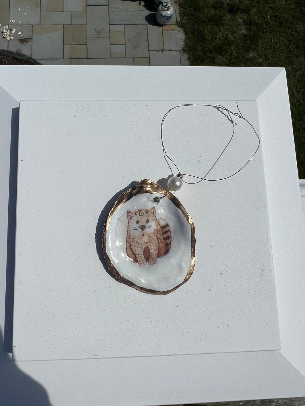 Cat Person Cat party idea. Cat Oyster Shell Christmas Ornament for Cat person or cat lover. Decoupaged Oyster ornament & cat party present