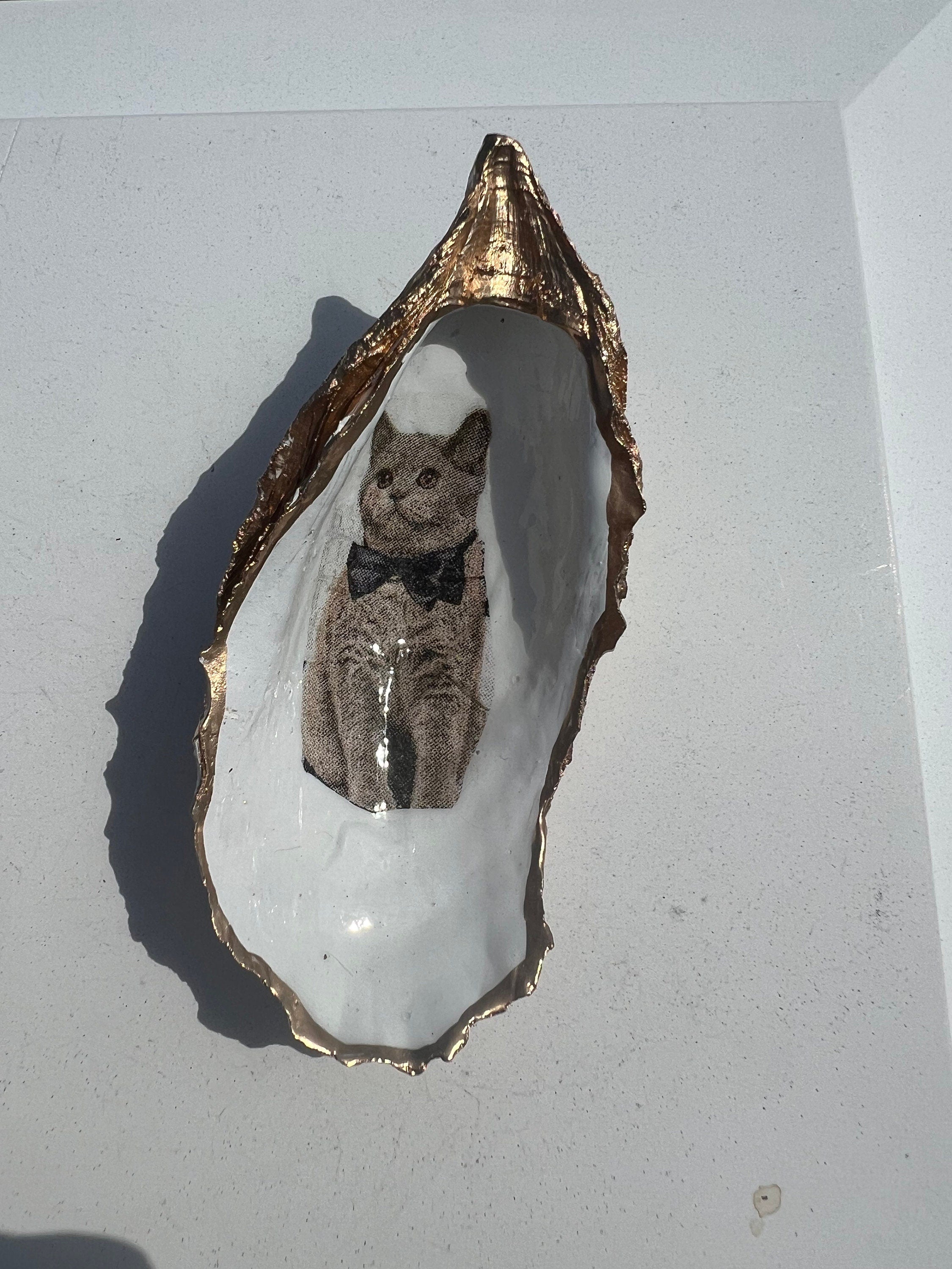 Cat Person Cat party idea. Cat Oyster Shell Christmas Ornament for Cat person or cat lover. Decoupaged Oyster ornament & cat party present