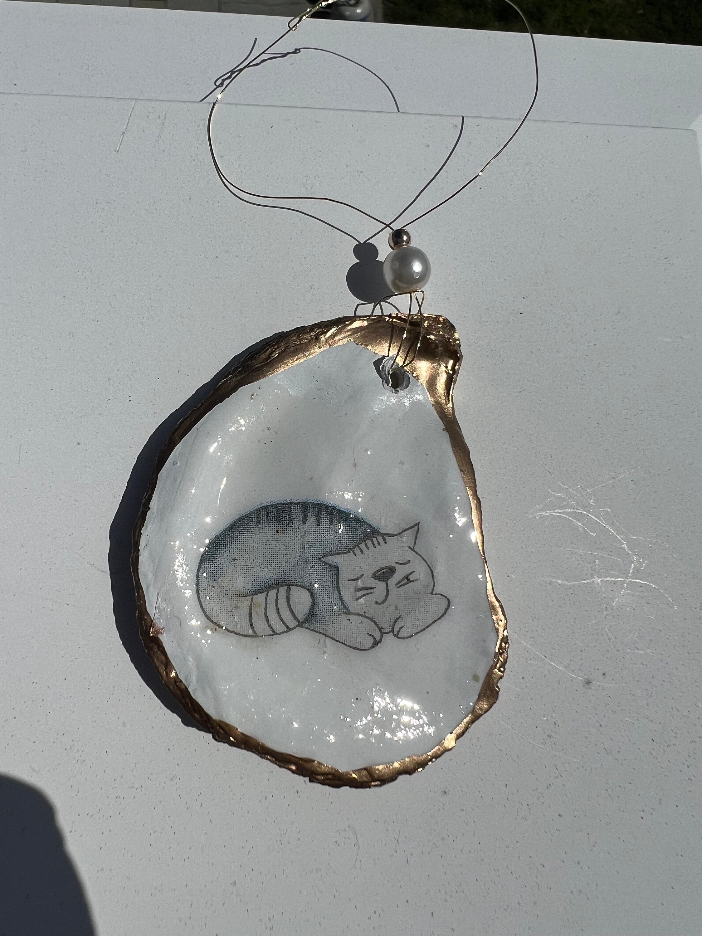 Cat Person Cat party idea. Cat Oyster Shell Christmas Ornament for Cat person or cat lover. Decoupaged Oyster ornament & cat party present