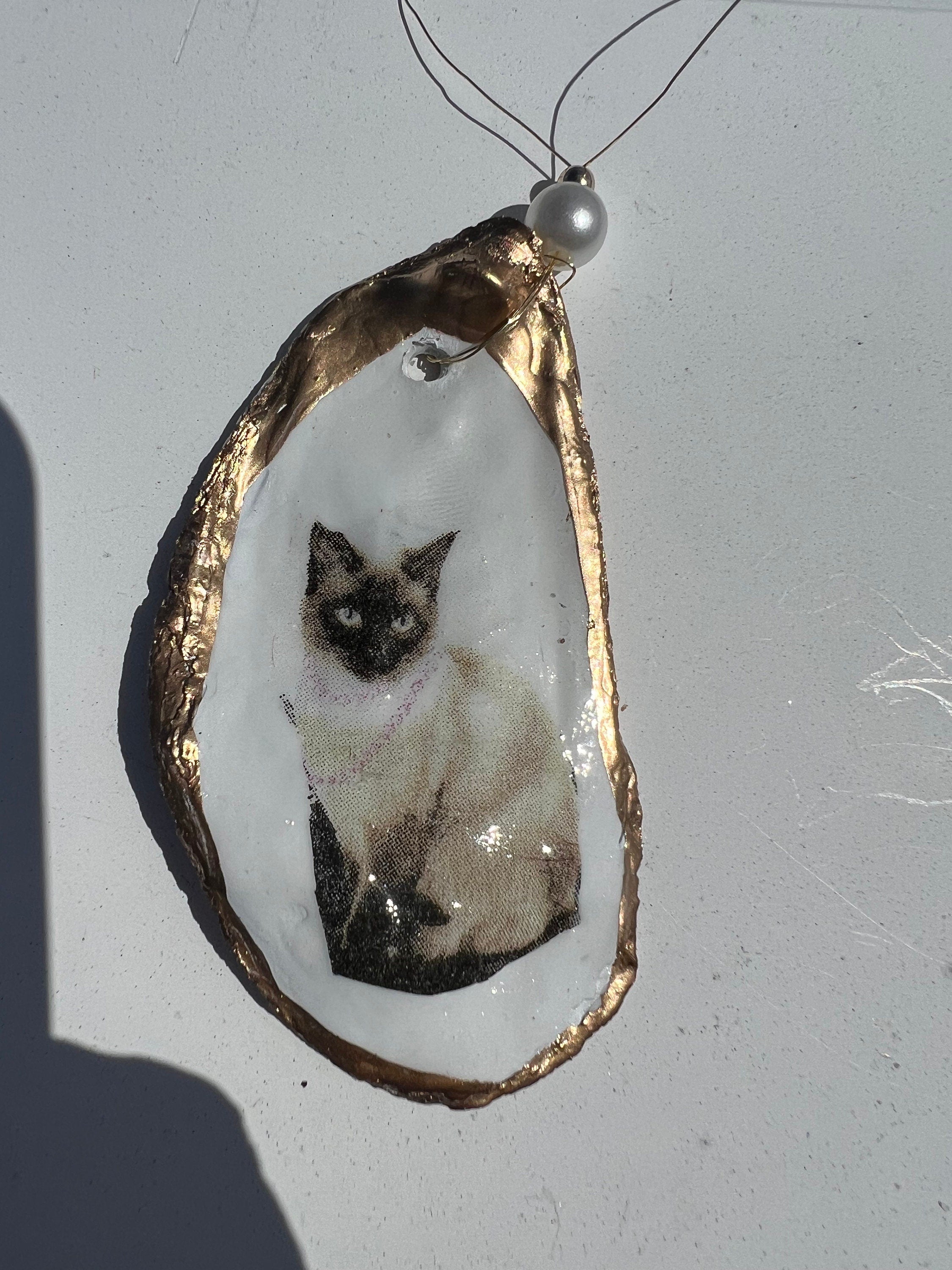 Cat Person Cat party idea. Cat Oyster Shell Christmas Ornament for Cat person or cat lover. Decoupaged Oyster ornament & cat party present