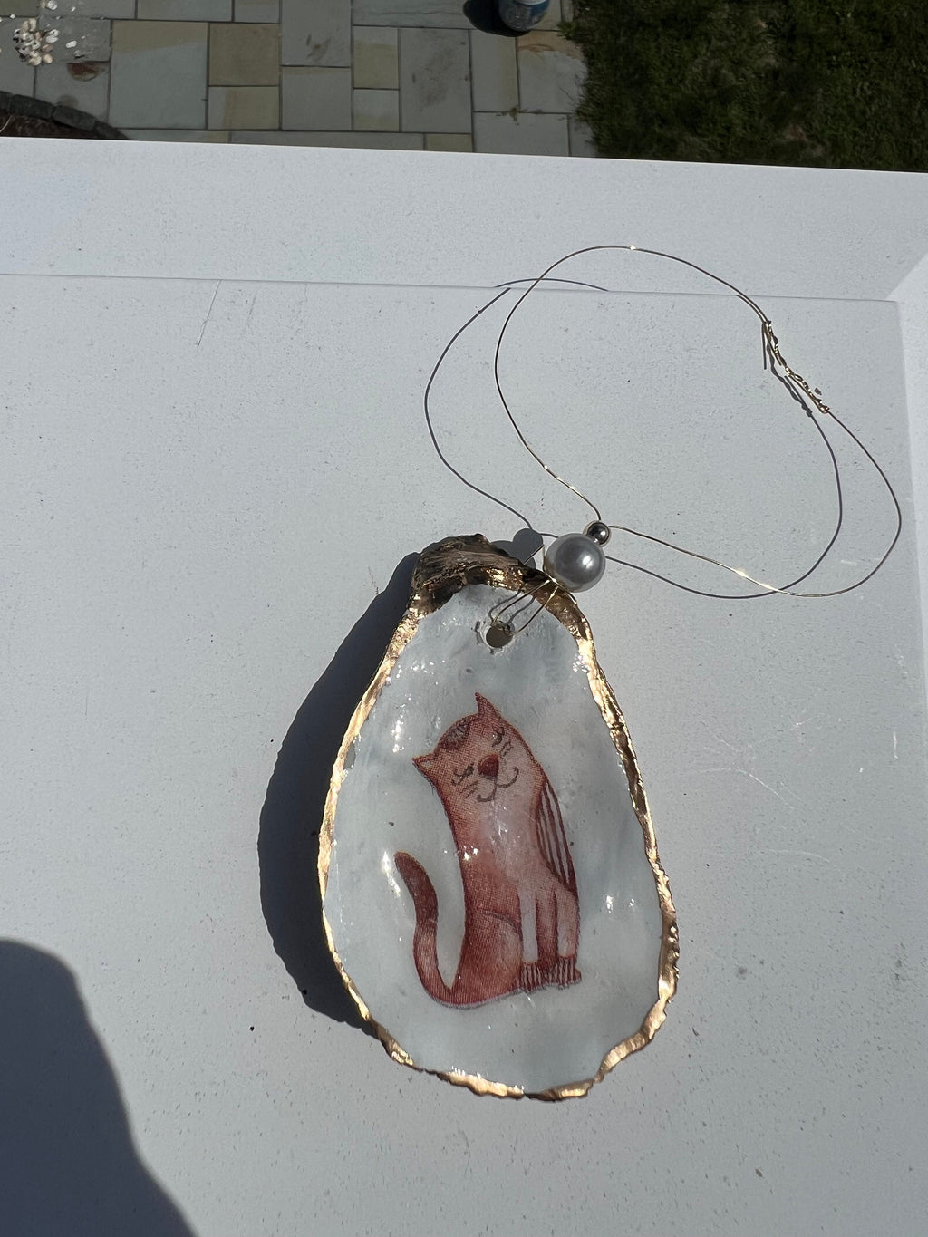 Cat Person Cat party idea. Cat Oyster Shell Christmas Ornament for Cat person or cat lover. Decoupaged Oyster ornament & cat party present