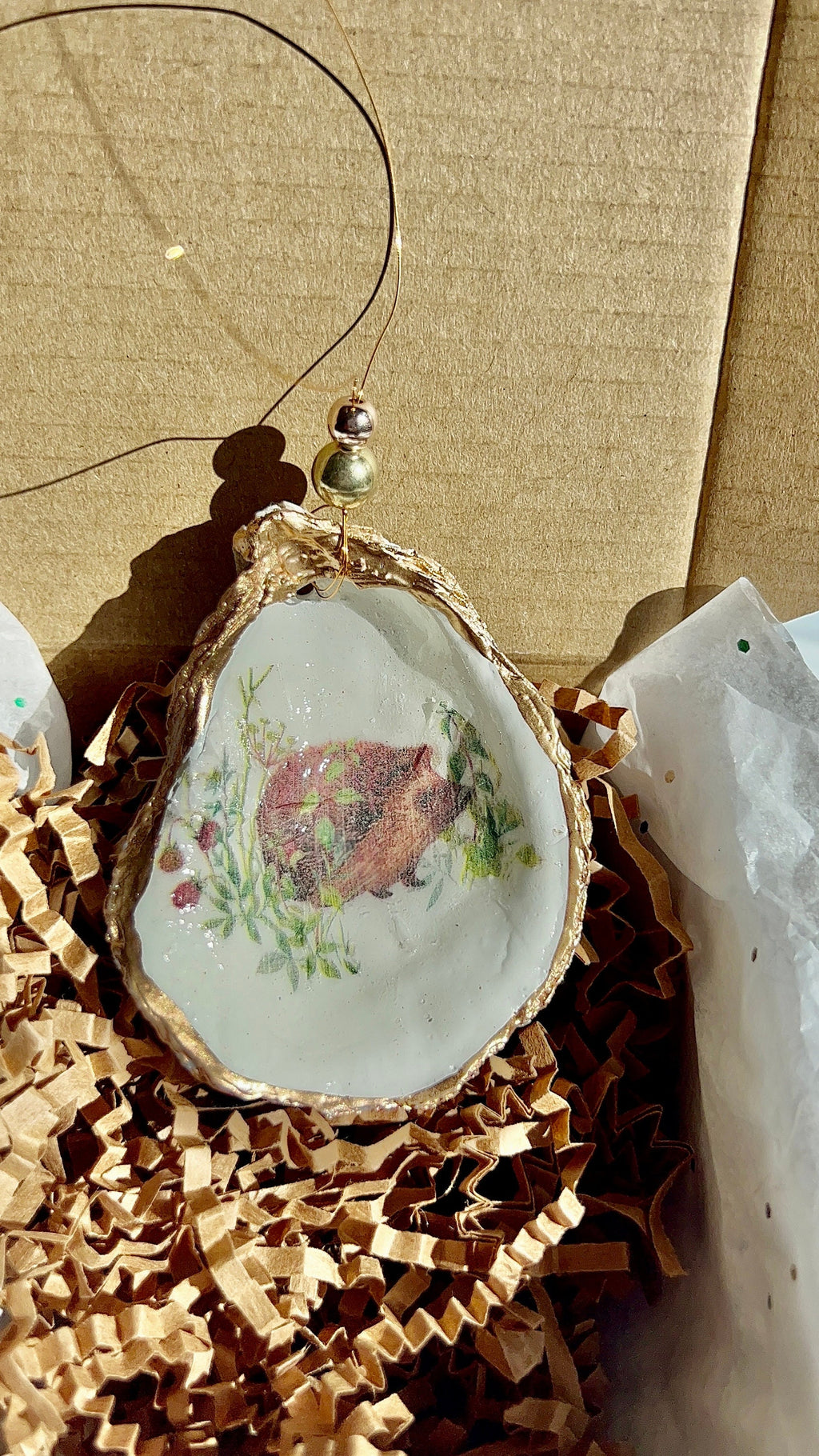 Hedgehog in leaves oyster shell Ornament. Oyster shell christmas ornament. Hedgehog Ornament. Coastal Christmas. Hostess gift. Wine charm