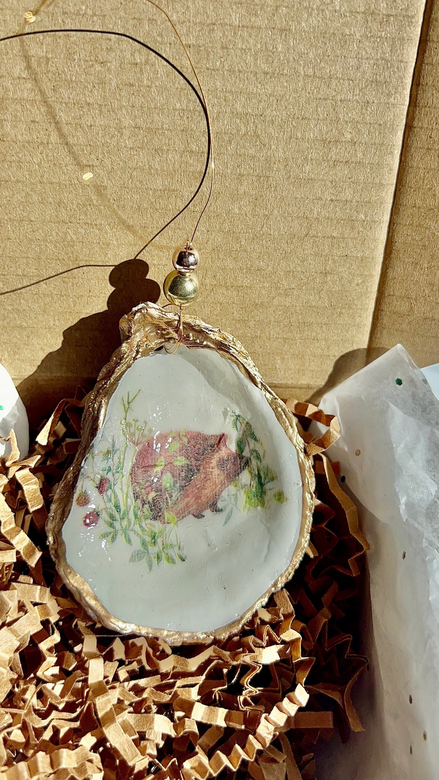 Hedgehog in leaves oyster shell Ornament. Oyster shell christmas ornament. Hedgehog Ornament. Coastal Christmas. Hostess gift. Wine charm