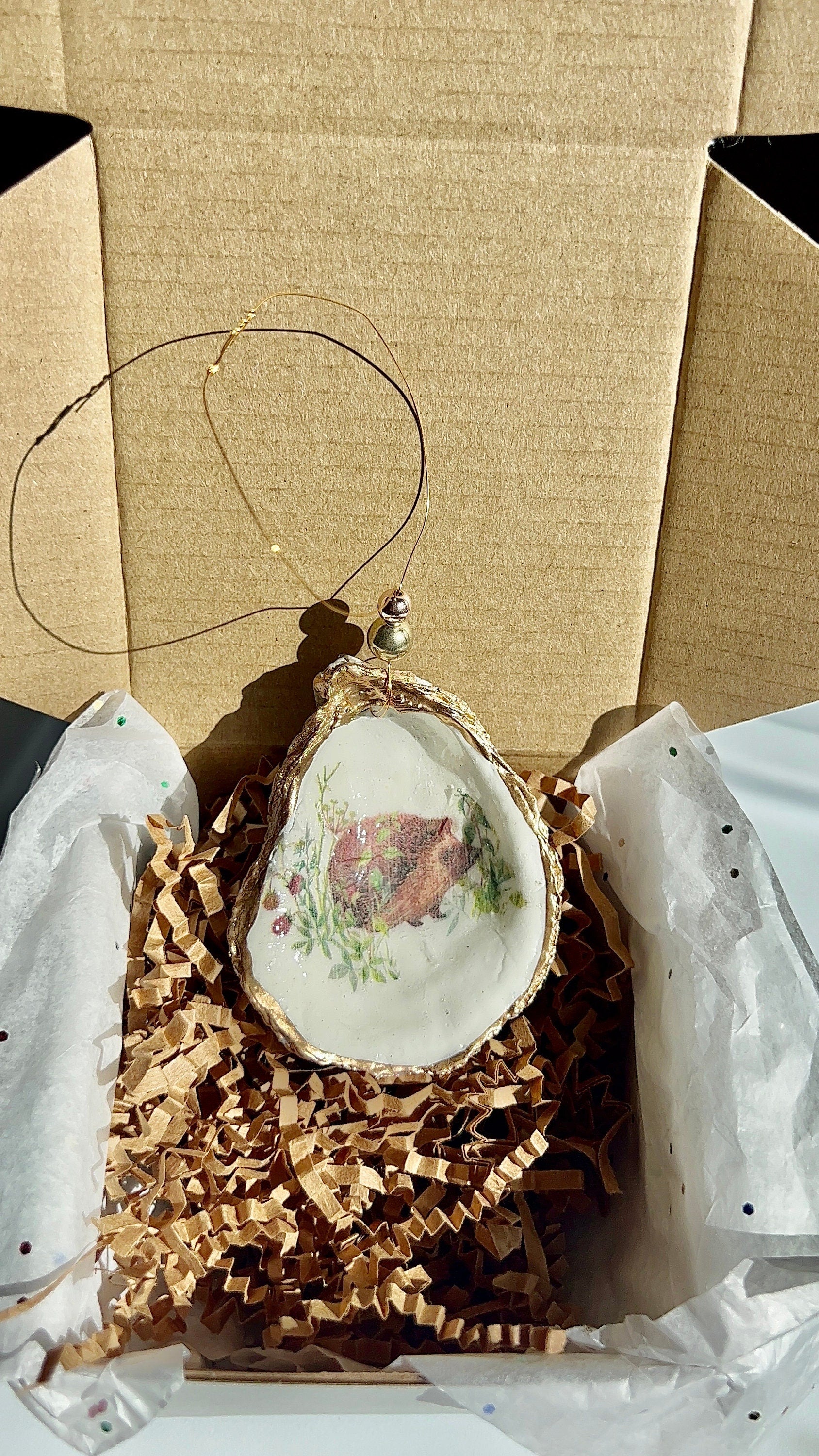 Hedgehog in leaves oyster shell Ornament. Oyster shell christmas ornament. Hedgehog Ornament. Coastal Christmas. Hostess gift. Wine charm