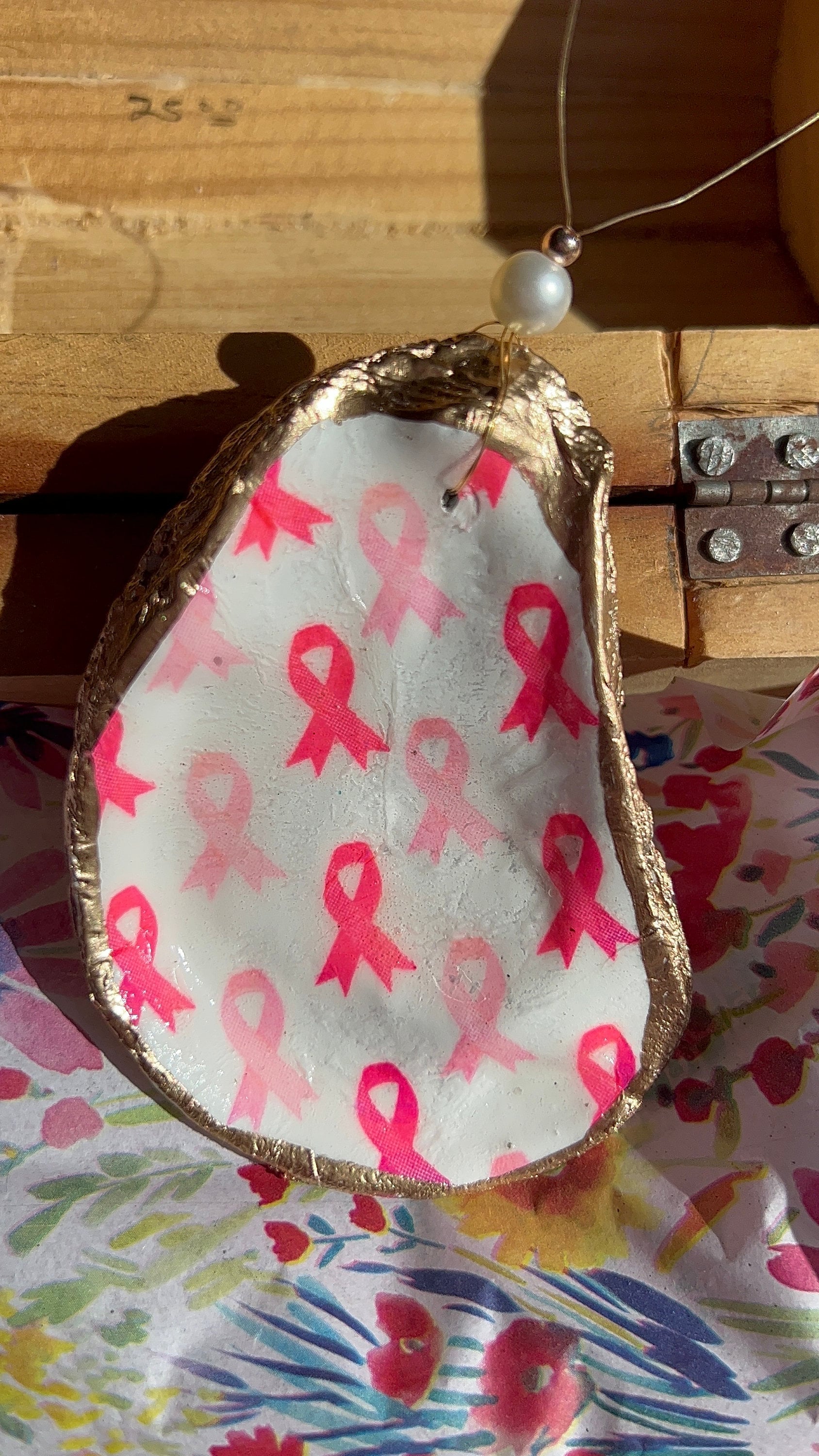 Breast cancer survivor oyster shell Ornament. Pink ribbon Seashell christmas ornament. Cancer survivor Christmas Ornament. Coastal Christmas