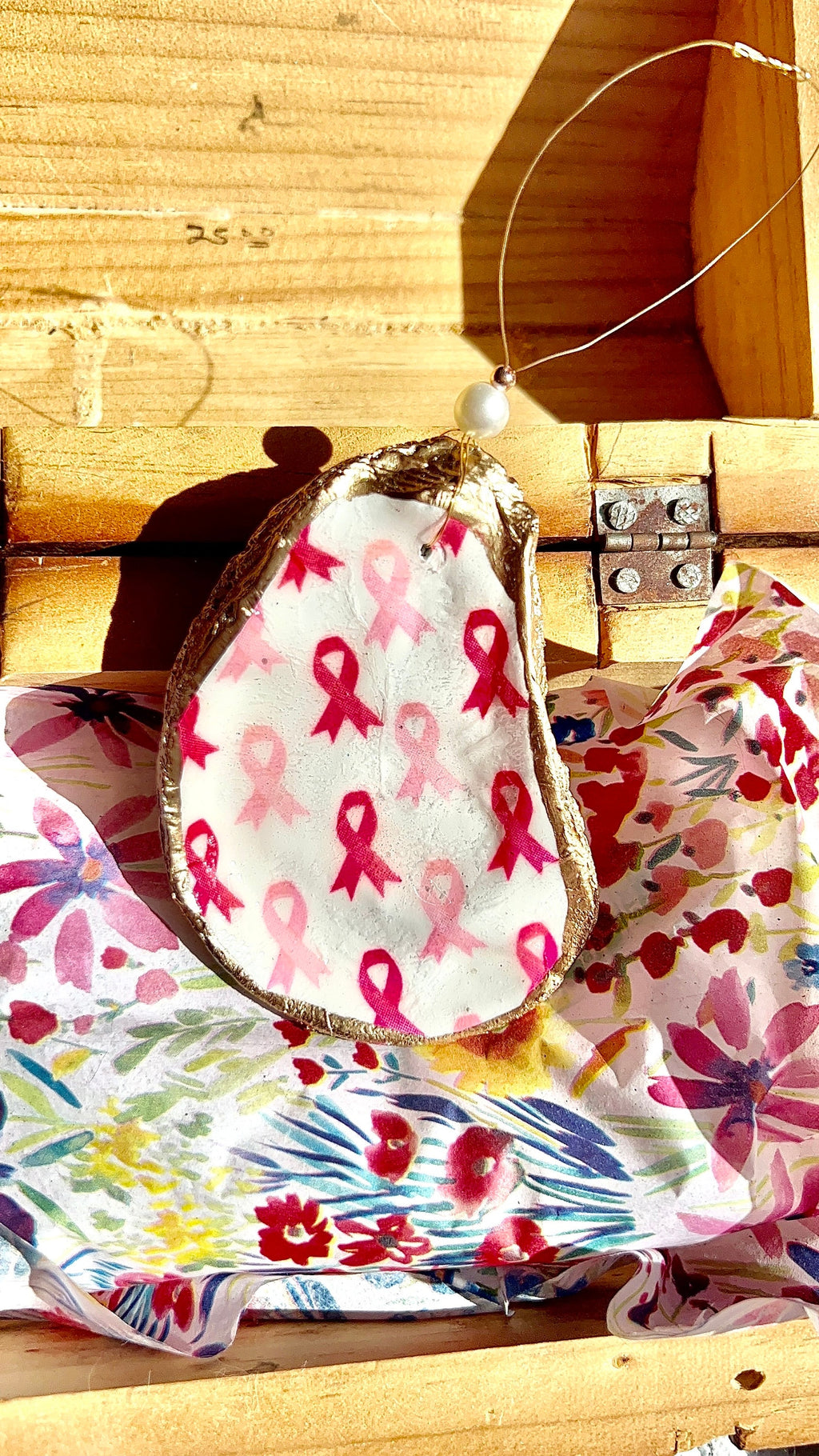 Breast cancer survivor oyster shell Ornament. Pink ribbon Seashell christmas ornament. Cancer survivor Christmas Ornament. Coastal Christmas